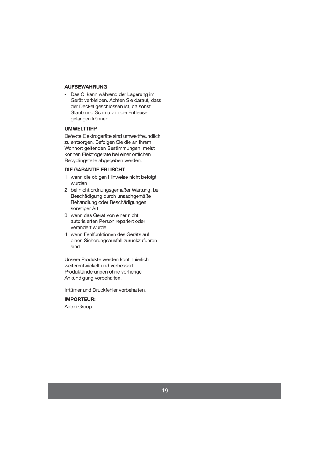 Melissa 643-037 manual Aufbewahrung, Umwelttipp, Die Garantie Erlischt, Importeur 