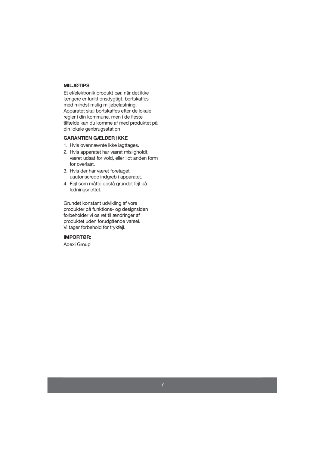Melissa 643-037 manual Miljøtips, Garantien Gælder Ikke, Importør 