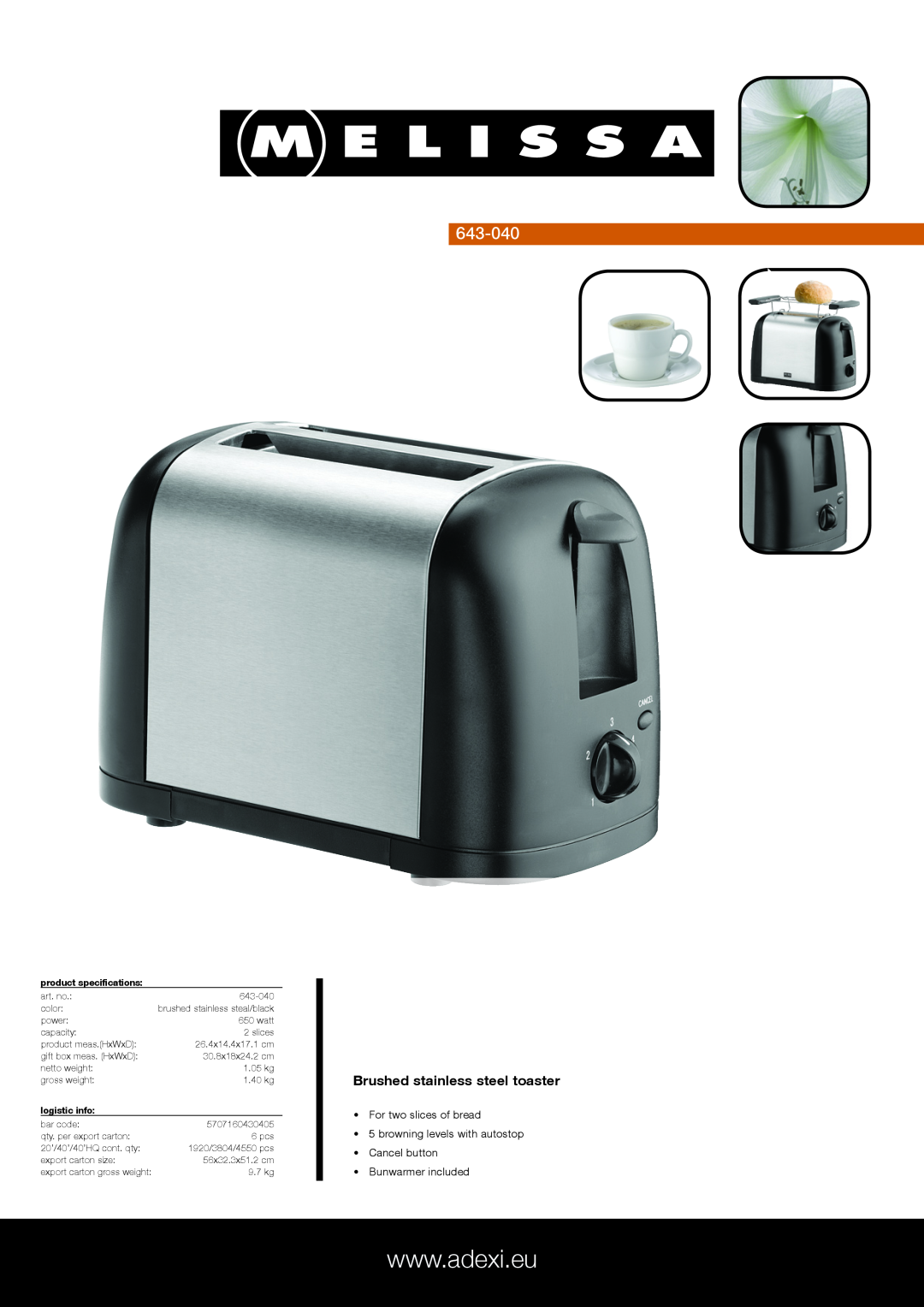 Melissa 643-040 specifications Brushed stainless steel toaster, For two slices of bread, Bunwarmer included, logistic info 