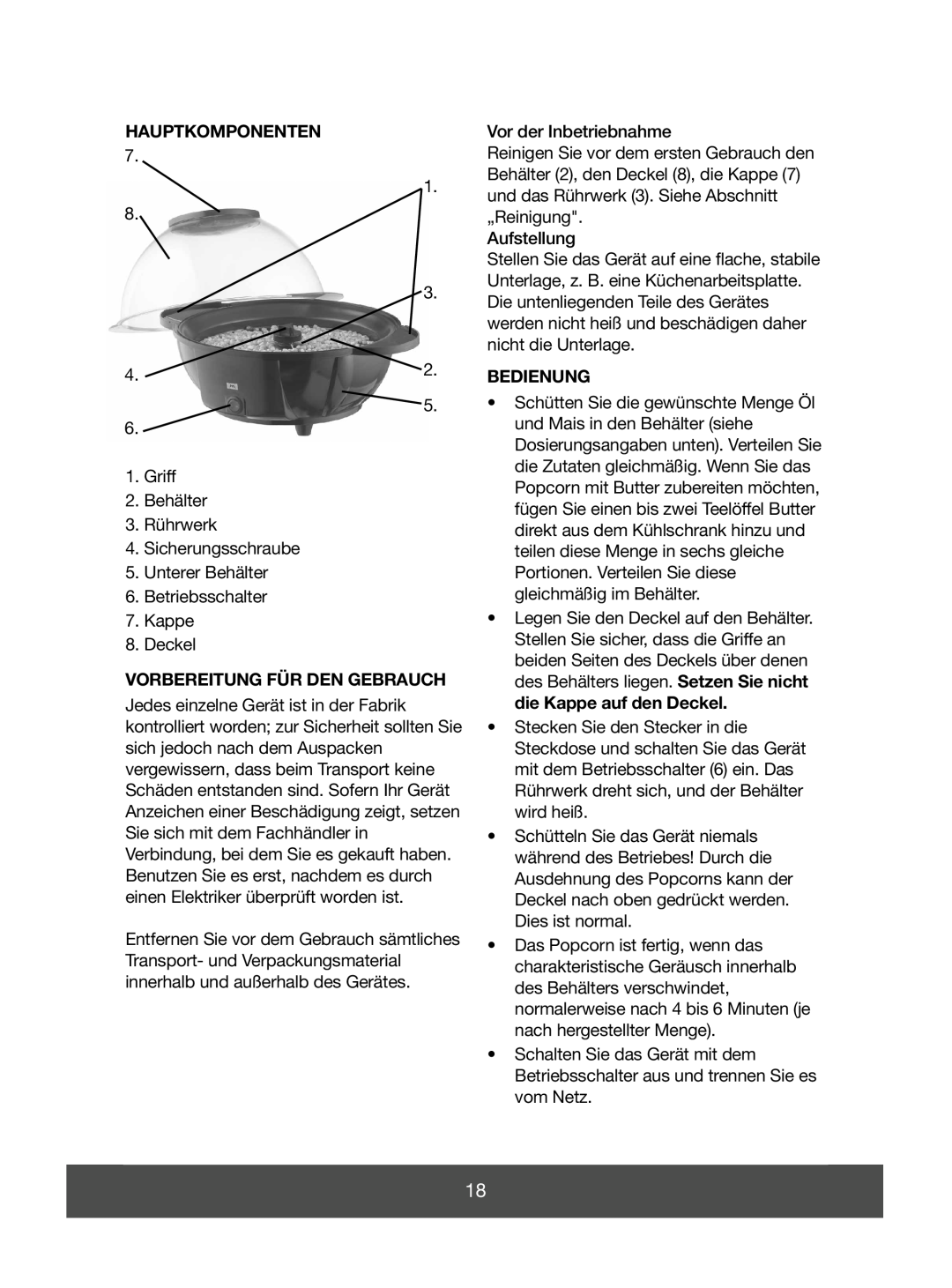 Melissa 643-041 manual Hauptkomponenten, Vorbereitung Für Den Gebrauch, Bedienung 