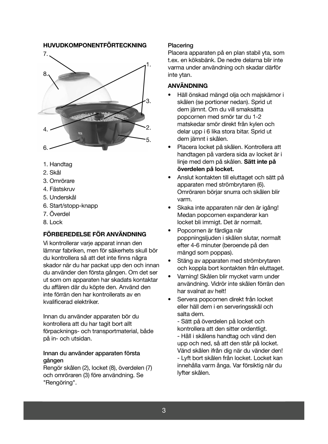 Melissa 643-041 manual Huvudkomponentförteckning, Förberedelse För Användning 