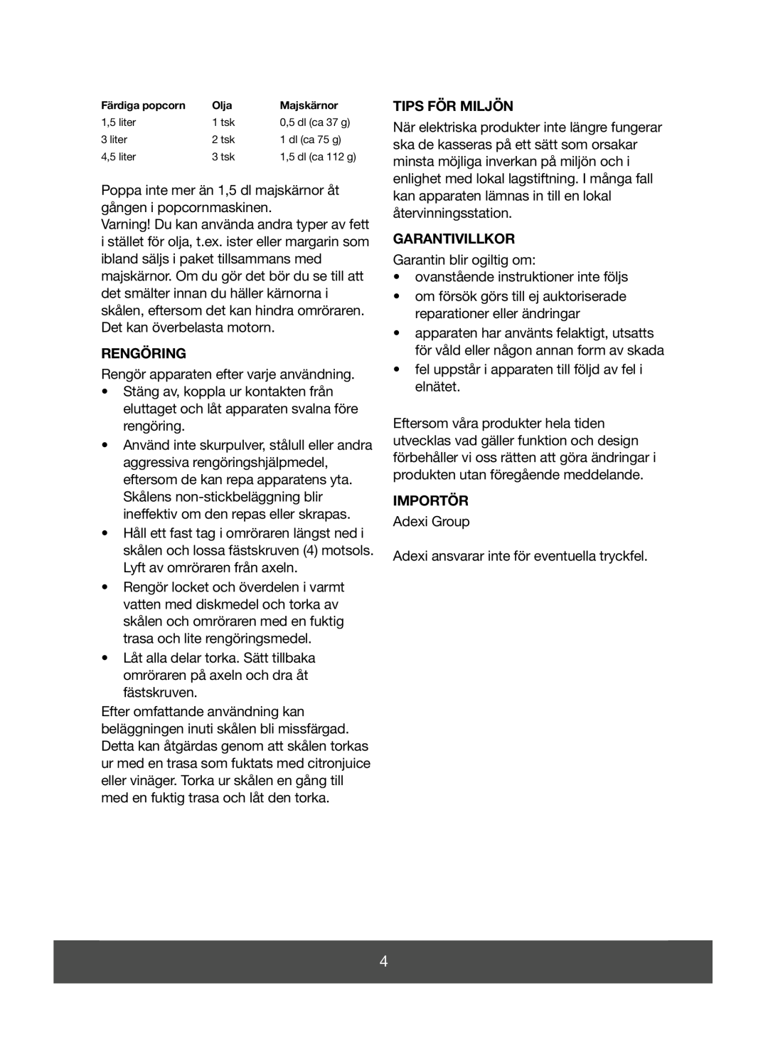 Melissa 643-041 manual Rengöring, Tips För Miljön, Garantivillkor, Importör 