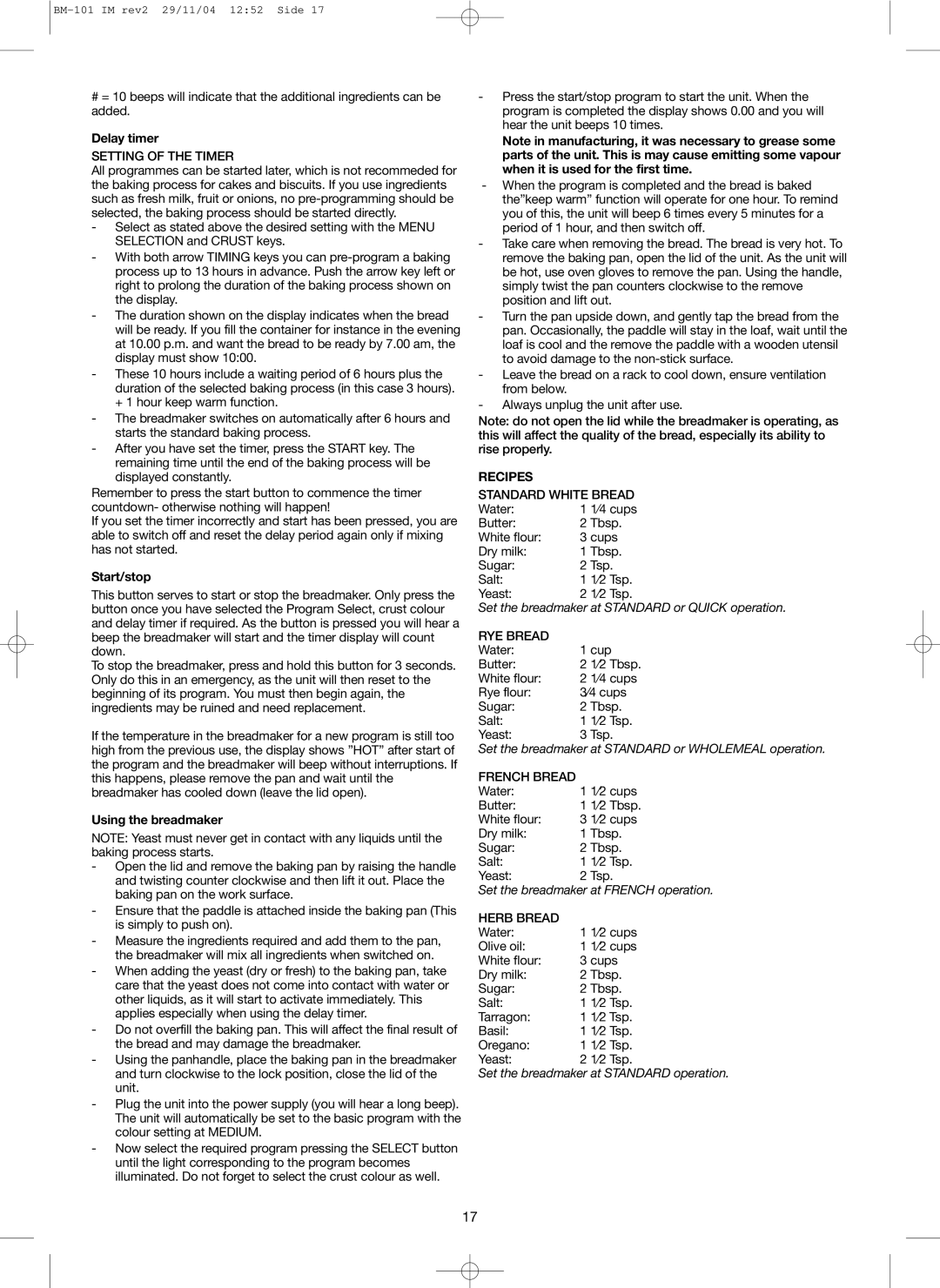 Melissa 643-042 manual Delay timer, Start/stop, Using the breadmaker, Recipes 