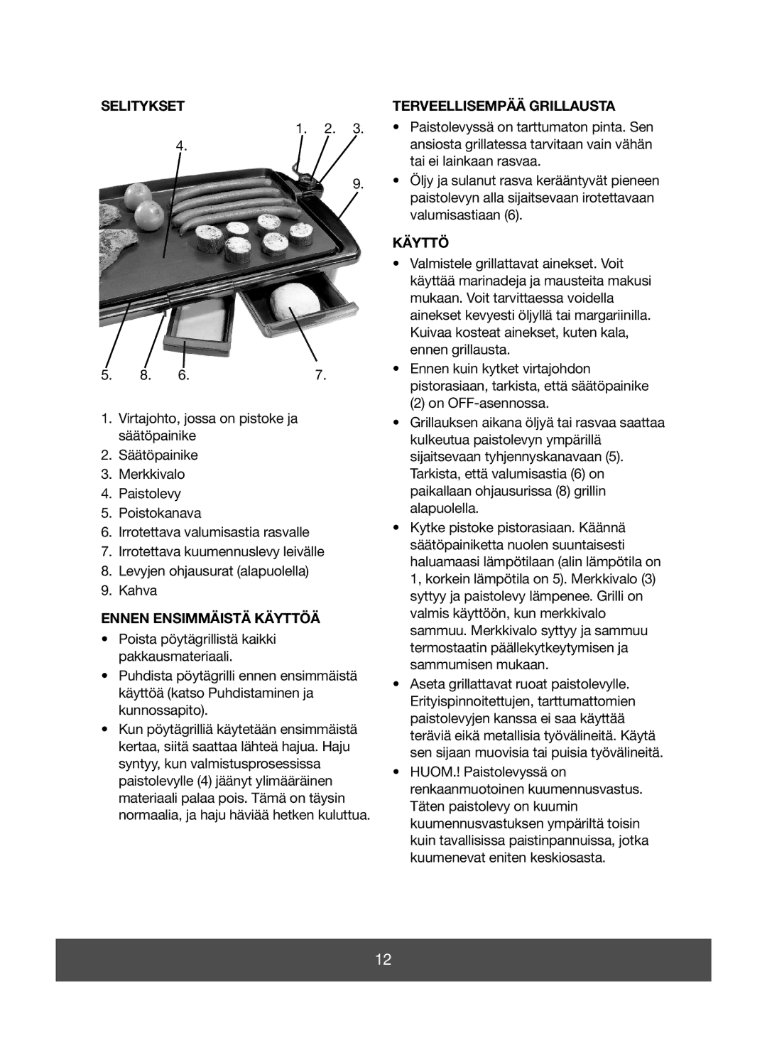 Melissa 643-044 manual Selitykset Terveellisempää Grillausta, Ennen Ensimmäistä Käyttöä 