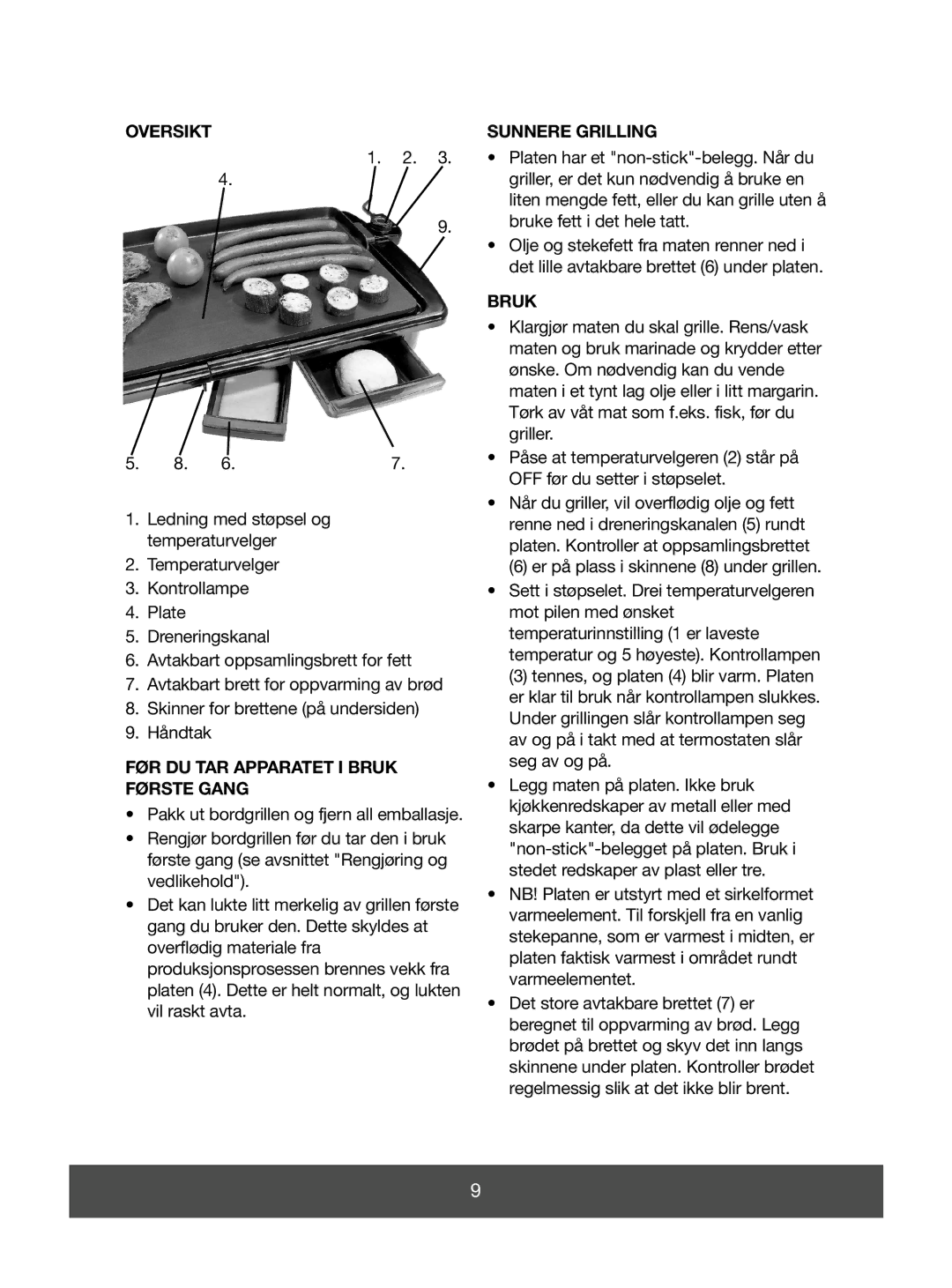 Melissa 643-044 manual Oversikt Sunnere Grilling, FØR DU TAR Apparatet I Bruk, Første Gang 