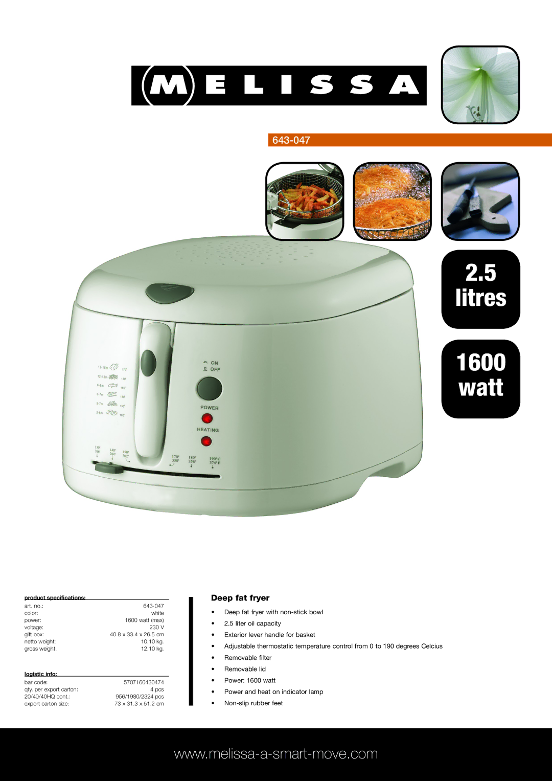 Melissa 643-047 specifications Litres 1600 Watt, Deep fat fryer, Product specifications, Logistic info 