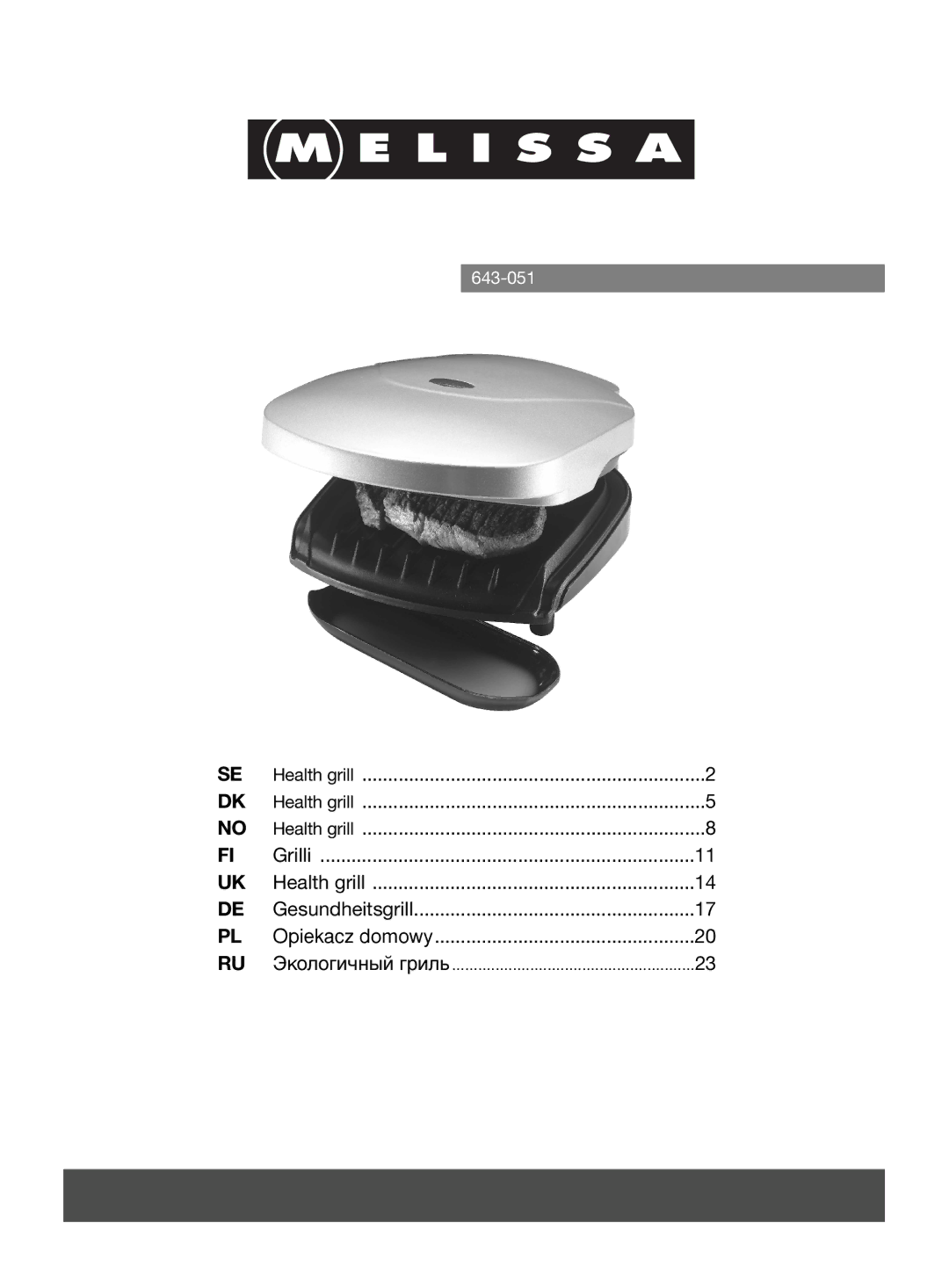 Melissa 643-051 manual Health grill Grilli Gesundheitsgrill Opiekacz domowy 