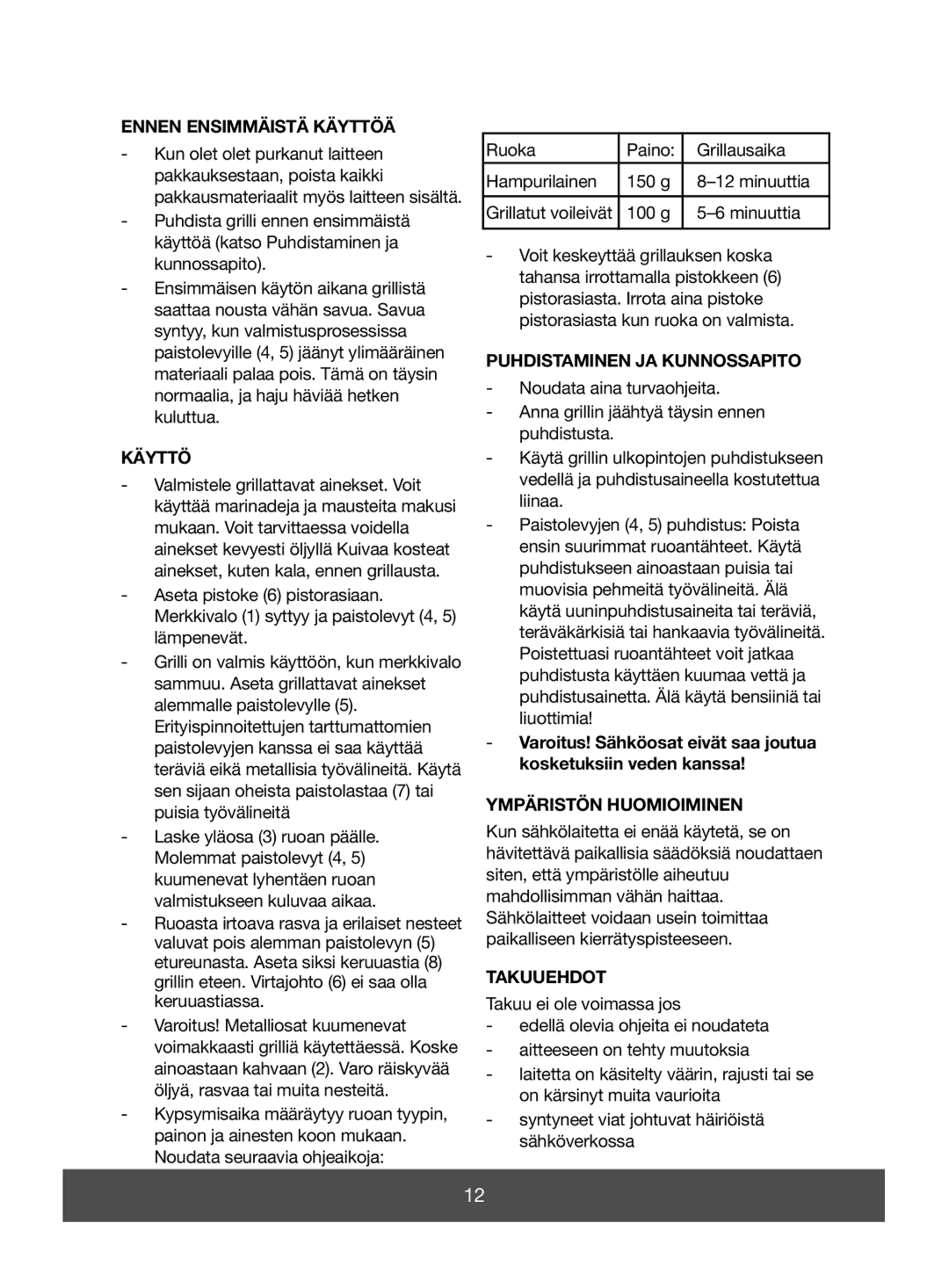 Melissa 643-051 manual Ennen Ensimmäistä Käyttöä, Puhdistaminen JA Kunnossapito, Ympäristön Huomioiminen, Takuuehdot 