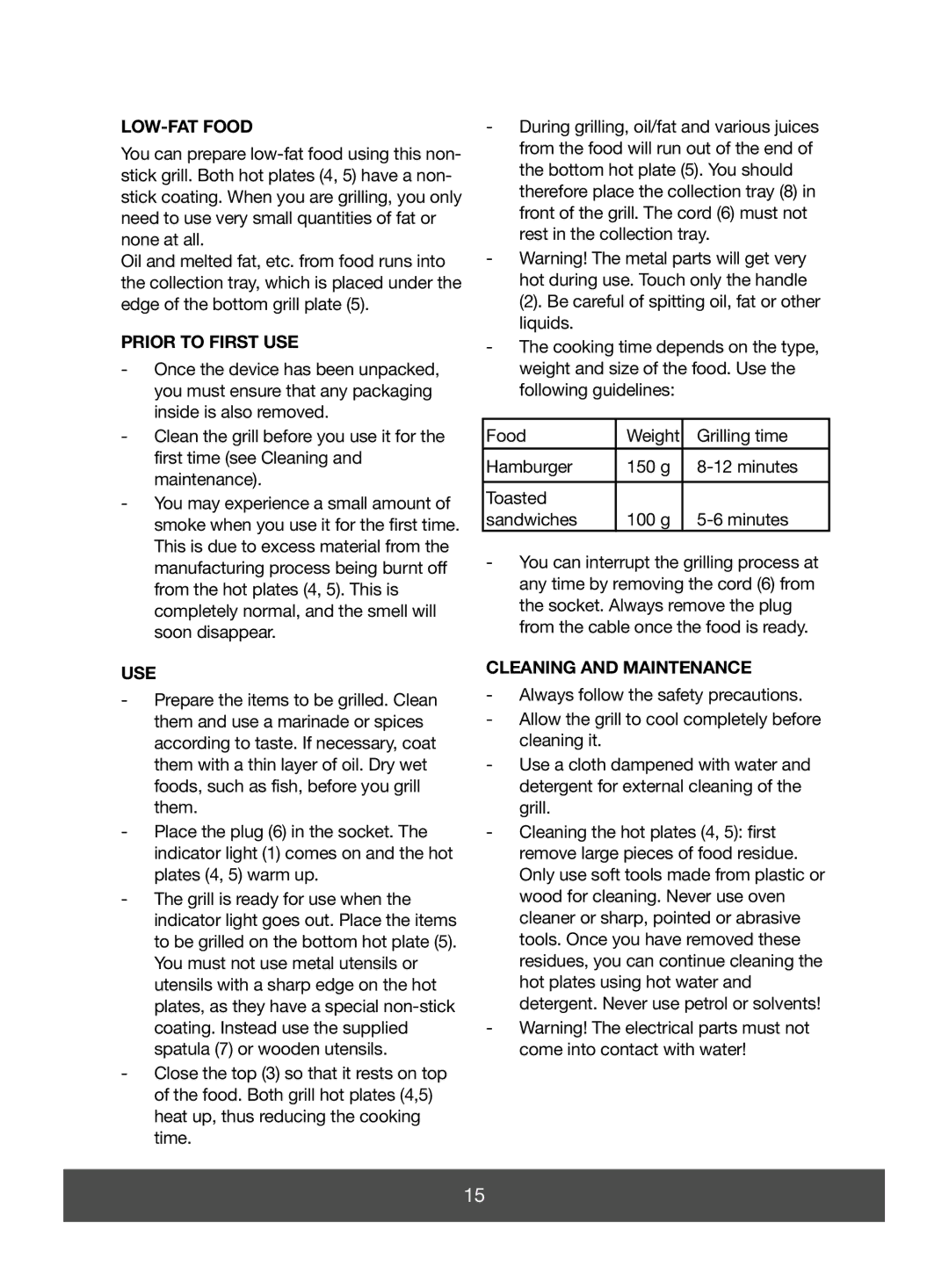 Melissa 643-051 manual LOW-FAT Food, Prior to First USE, Use, Cleaning and Maintenance 