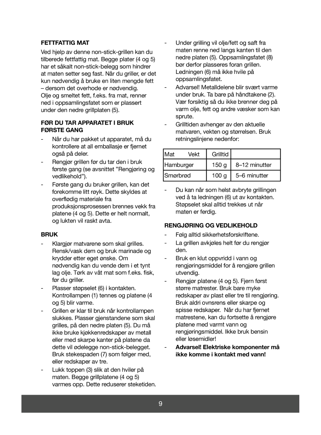 Melissa 643-051 manual Fettfattig MAT, FØR DU TAR Apparatet I Bruk Første Gang, Rengjøring OG Vedlikehold 