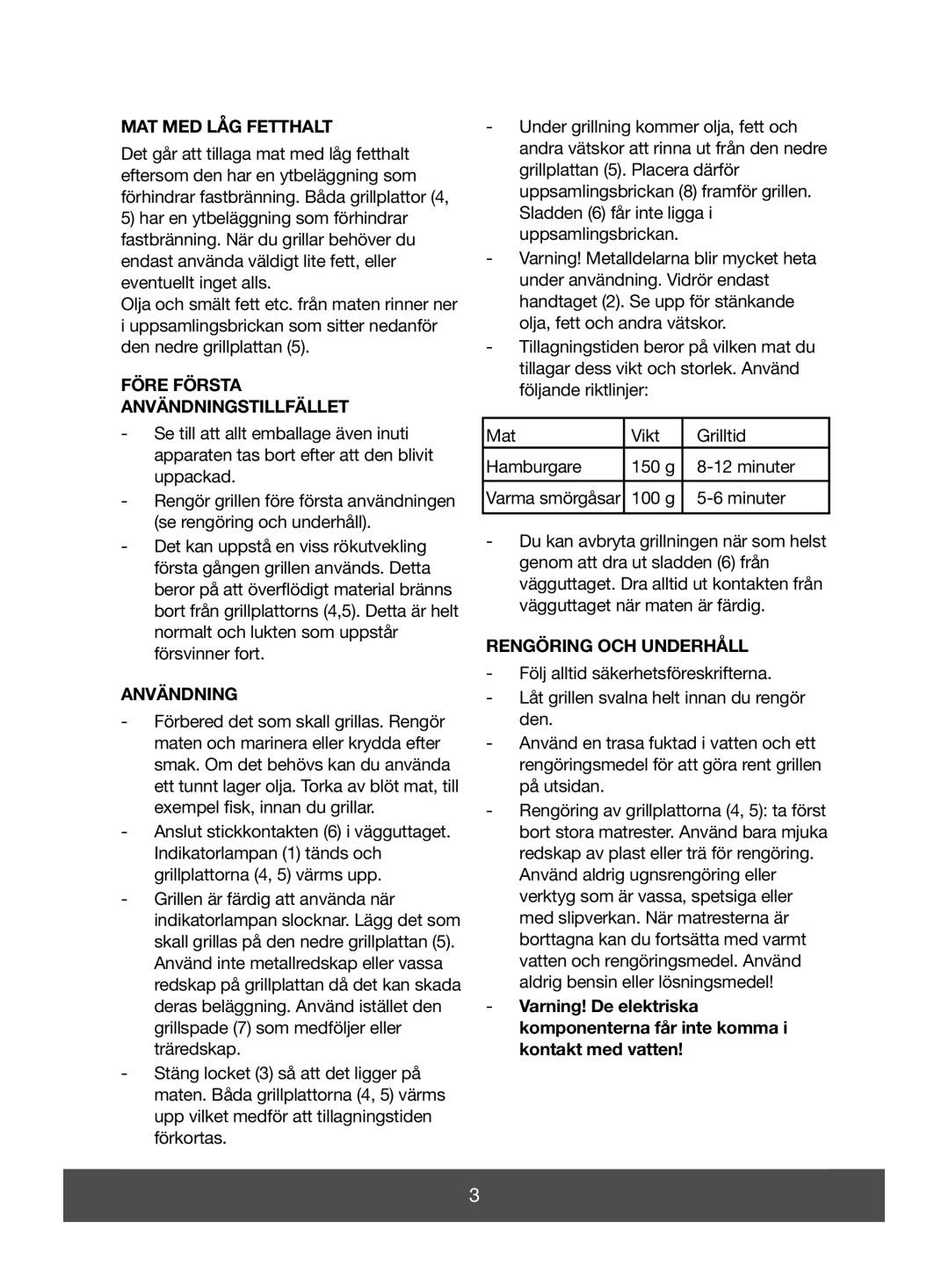 Melissa 643-051 manual Mat Med Låg Fetthalt, Före Första Användningstillfället, Rengöring Och Underhåll 