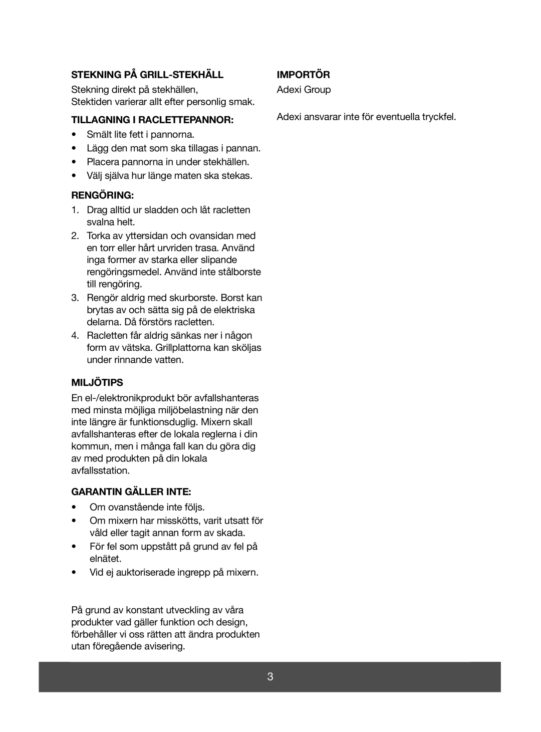 Melissa 643-052 manual Stekning På Grill-Stekhäll, Tillagning I Raclettepannor, Rengöring, Miljötips, Garantin Gäller Inte 