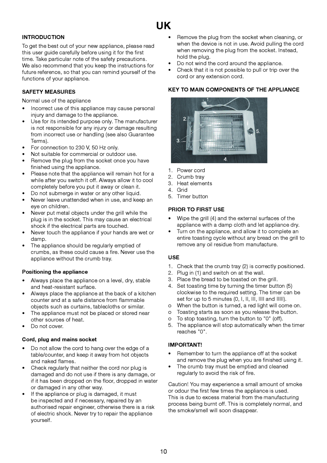 Melissa 643-073 manual Introduction, Safety Measures, KEY to Main Components of the Appliance, Prior to First USE, Use 