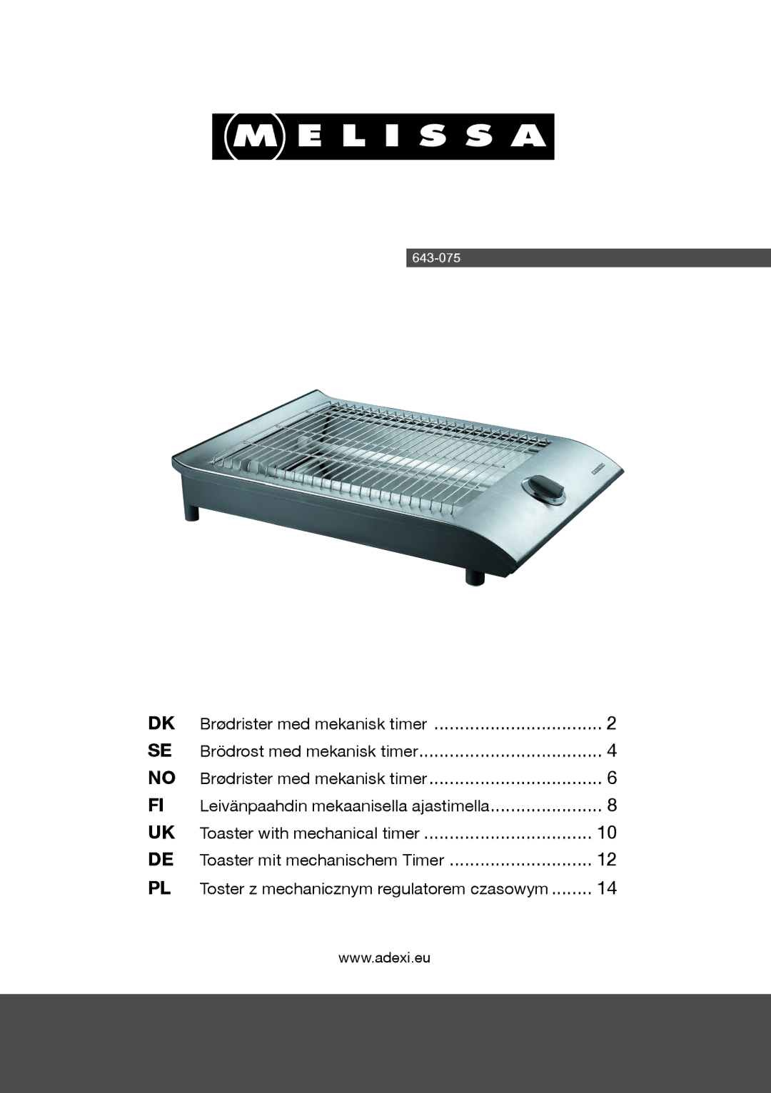 Melissa 643-075 manual Brødrister med mekanisk timer Brödrost med mekanisk timer 