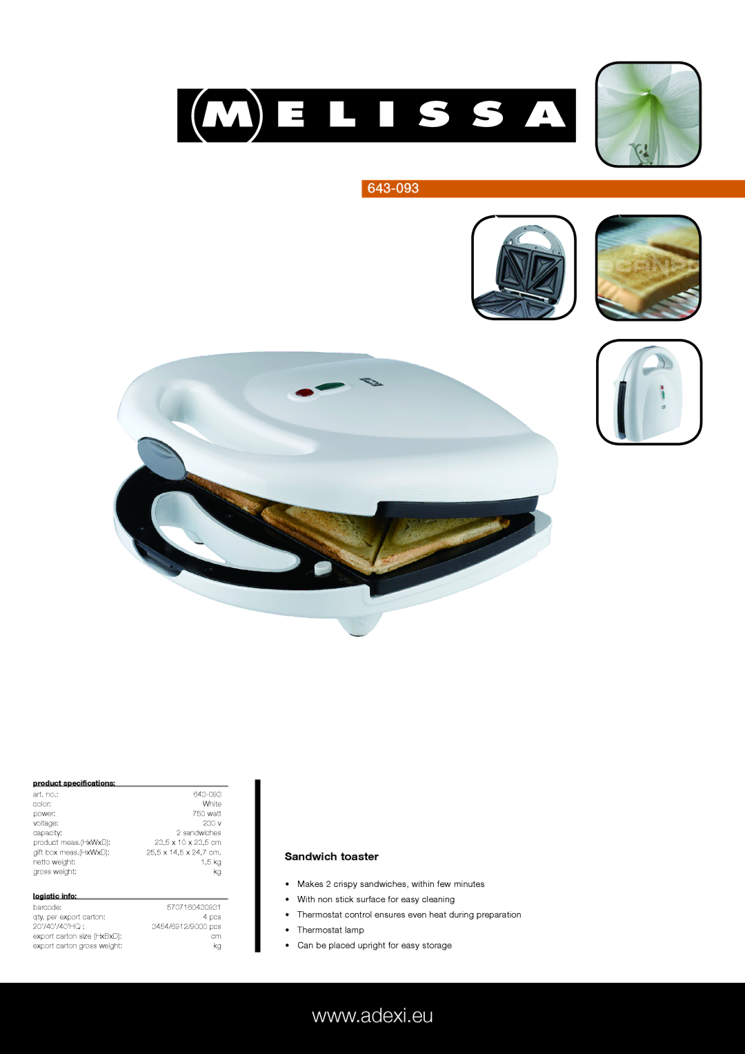 Melissa 643-093 specifications Sandwich toaster, Product specifications, Logistic info 