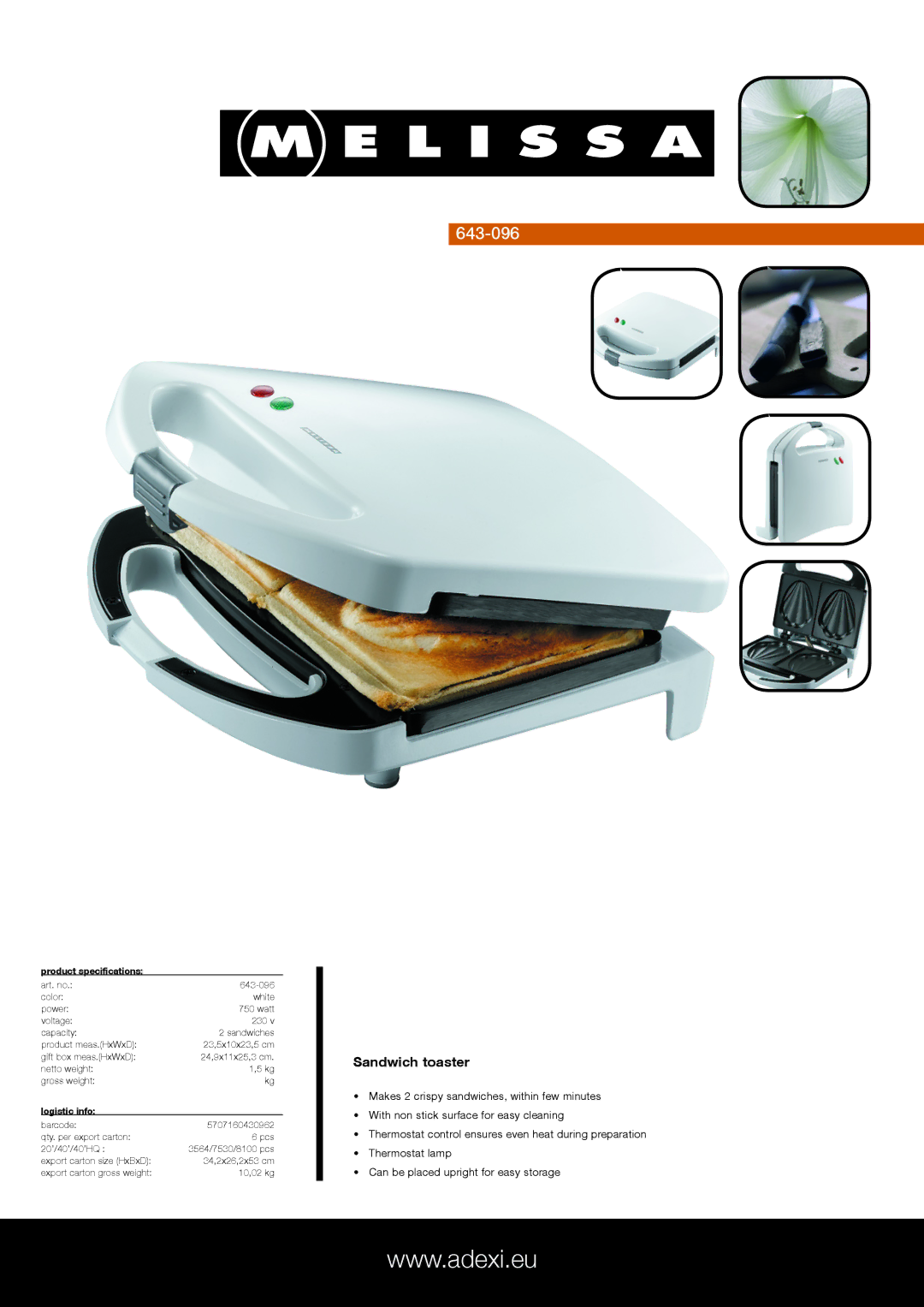 Melissa 643-096 specifications Sandwich toaster, Product specifications, Logistic info 