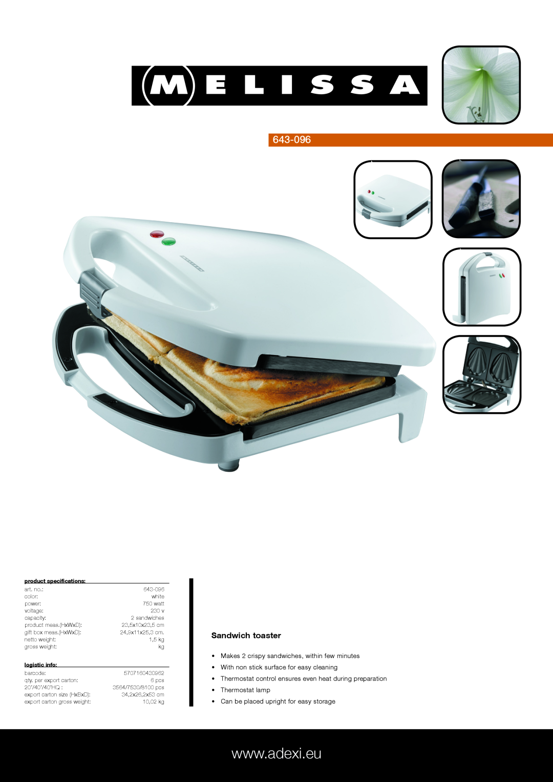 Melissa 643-096 specifications Sandwich toaster, Makes 2 crispy sandwiches, within few minutes, Thermostat lamp 