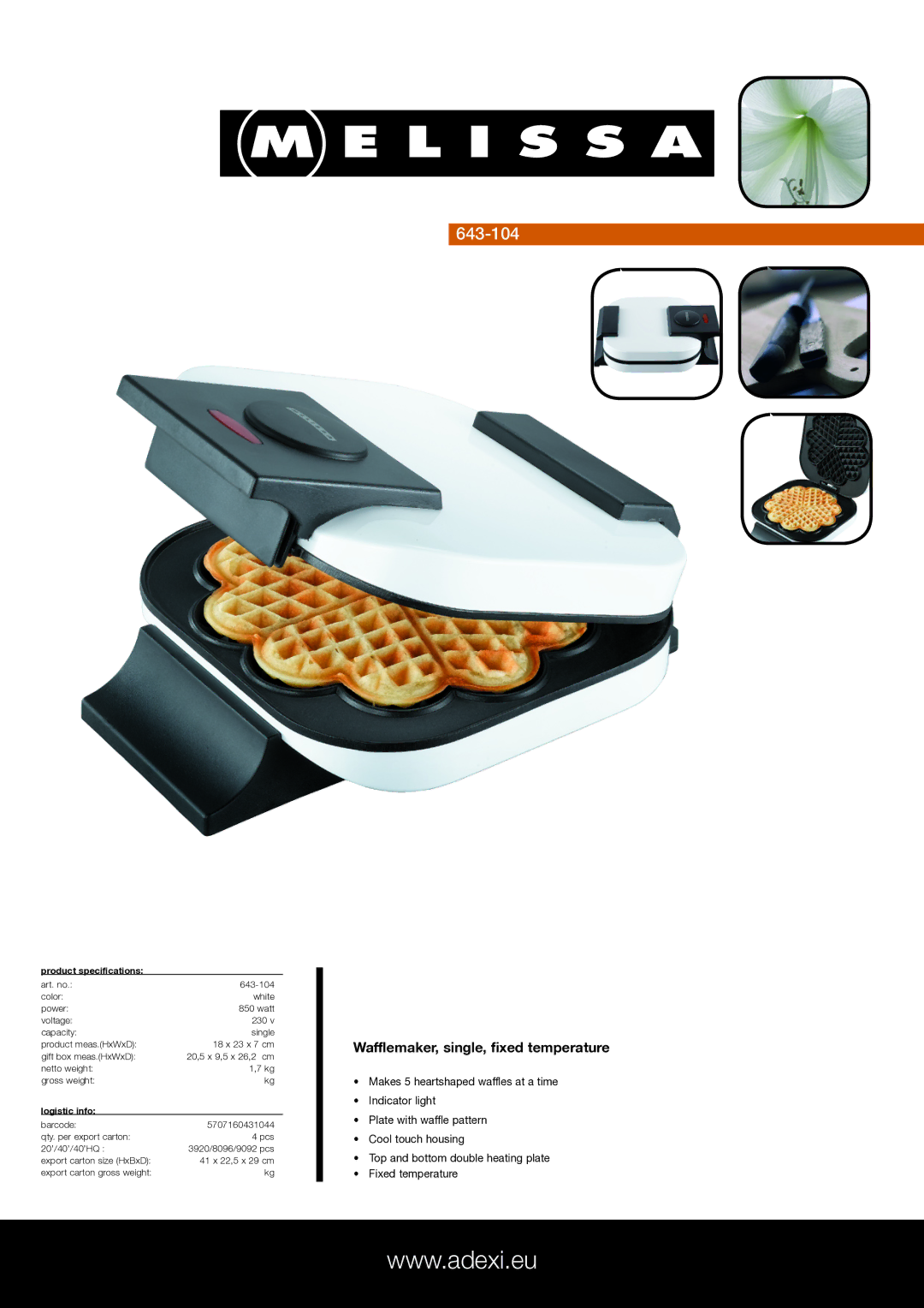 Melissa 643-104 specifications Wafflemaker, single, fixed temperature, Product specifications, Logistic info 