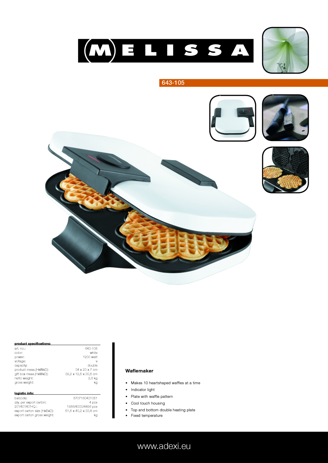 Melissa 643-105 specifications Waflemaker, Makes 10 heartshaped waffles at a time, Cool touch housing, Fixed temperature 