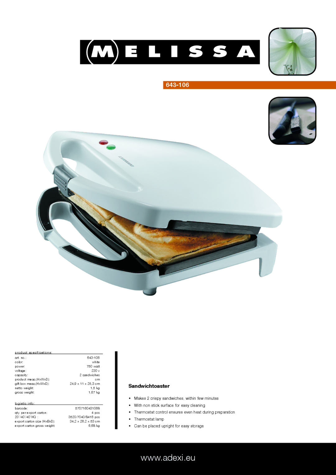 Melissa 643-106 specifications Sandwichtoaster, Product specifications, Logistic info 