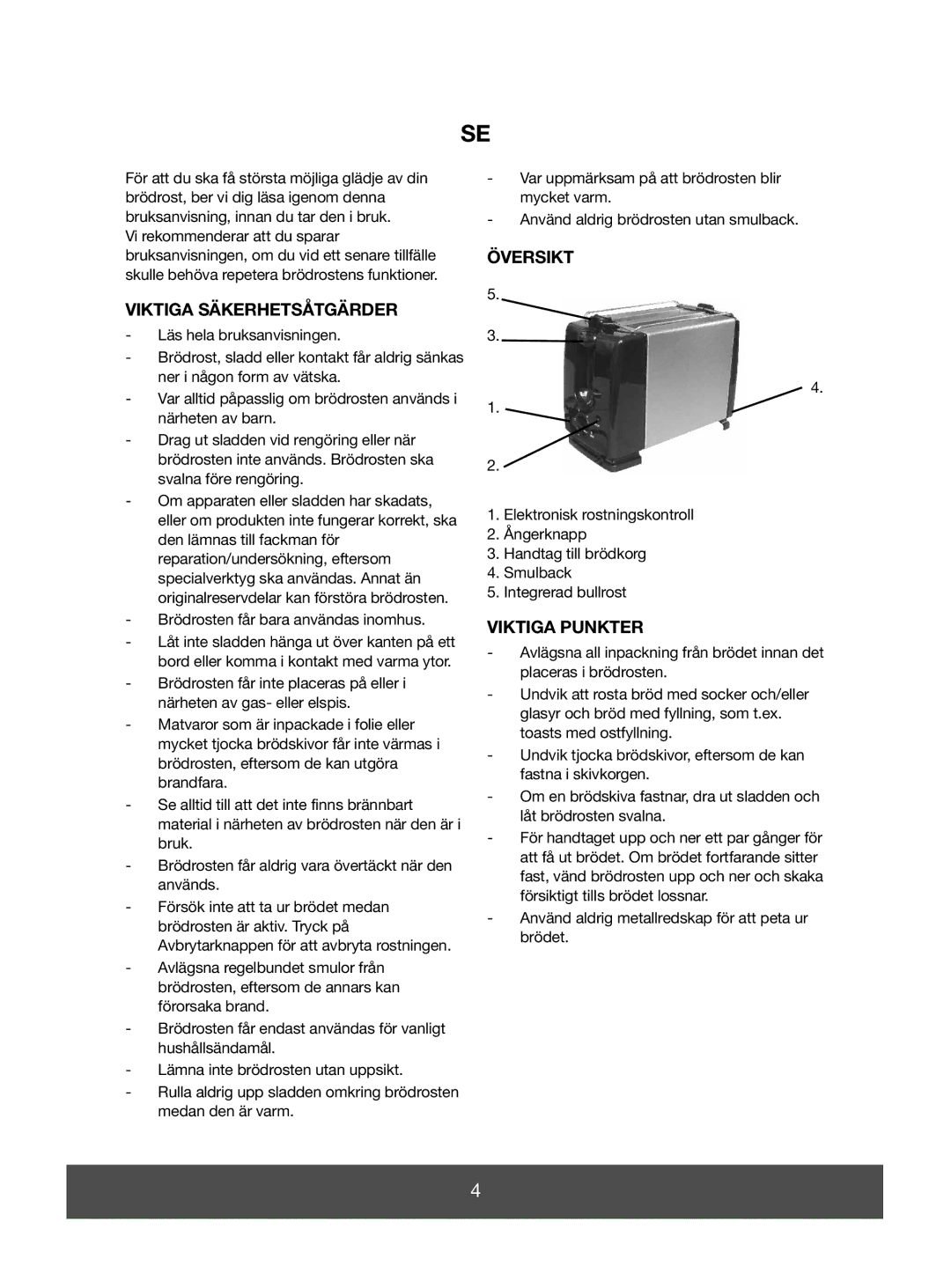 Melissa 643-108 manual Viktiga Säkerhetsåtgärder, Översikt, Viktiga Punkter 