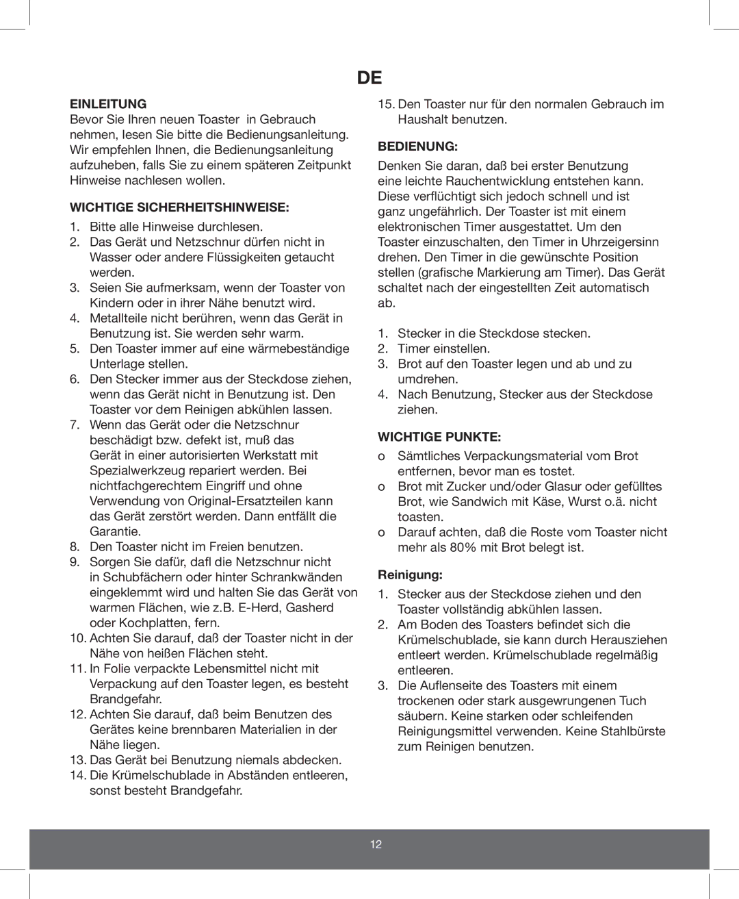 Melissa 643-110 manual Einleitung, Wichtige Sicherheitshinweise, Bedienung, Wichtige Punkte 