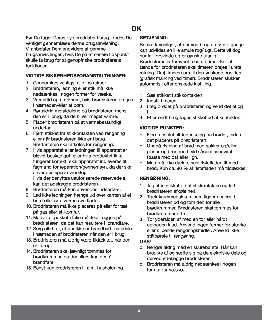 Melissa 643-110 manual Vigtige Sikkerhedsforanstaltninger, Betjening, Vigtige Punkter, Rengøring 