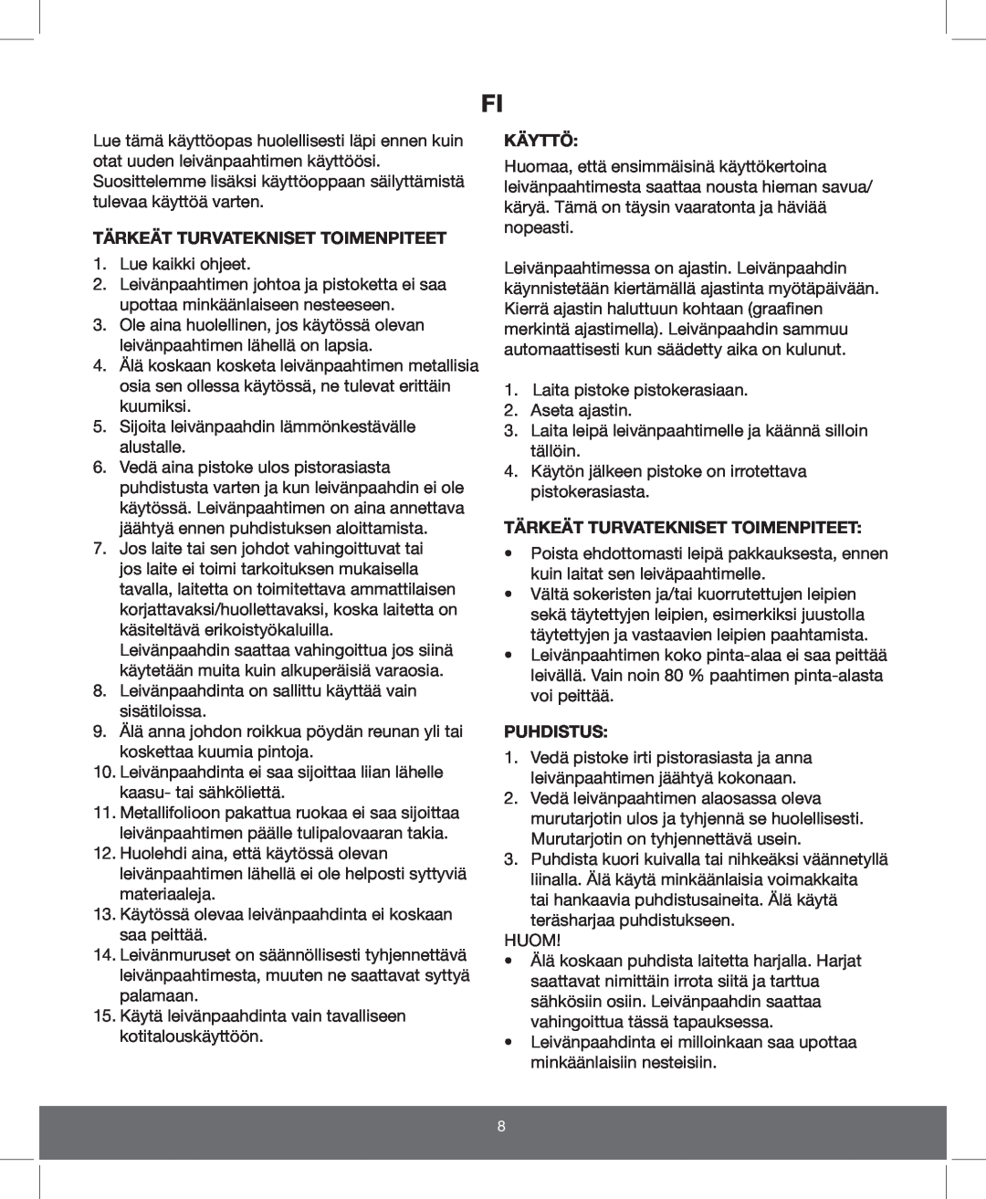 Melissa 643-110 manual Tärkeät Turvatekniset Toimenpiteet, Käyttö, Puhdistus 