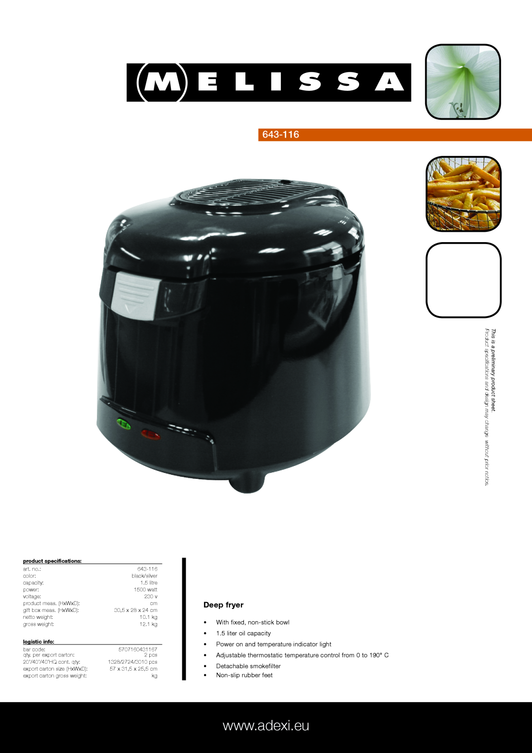 Melissa 643-116 specifications Deep fryer, With fixed, non-stickbowl, liter oil capacity, product specifications, Product 