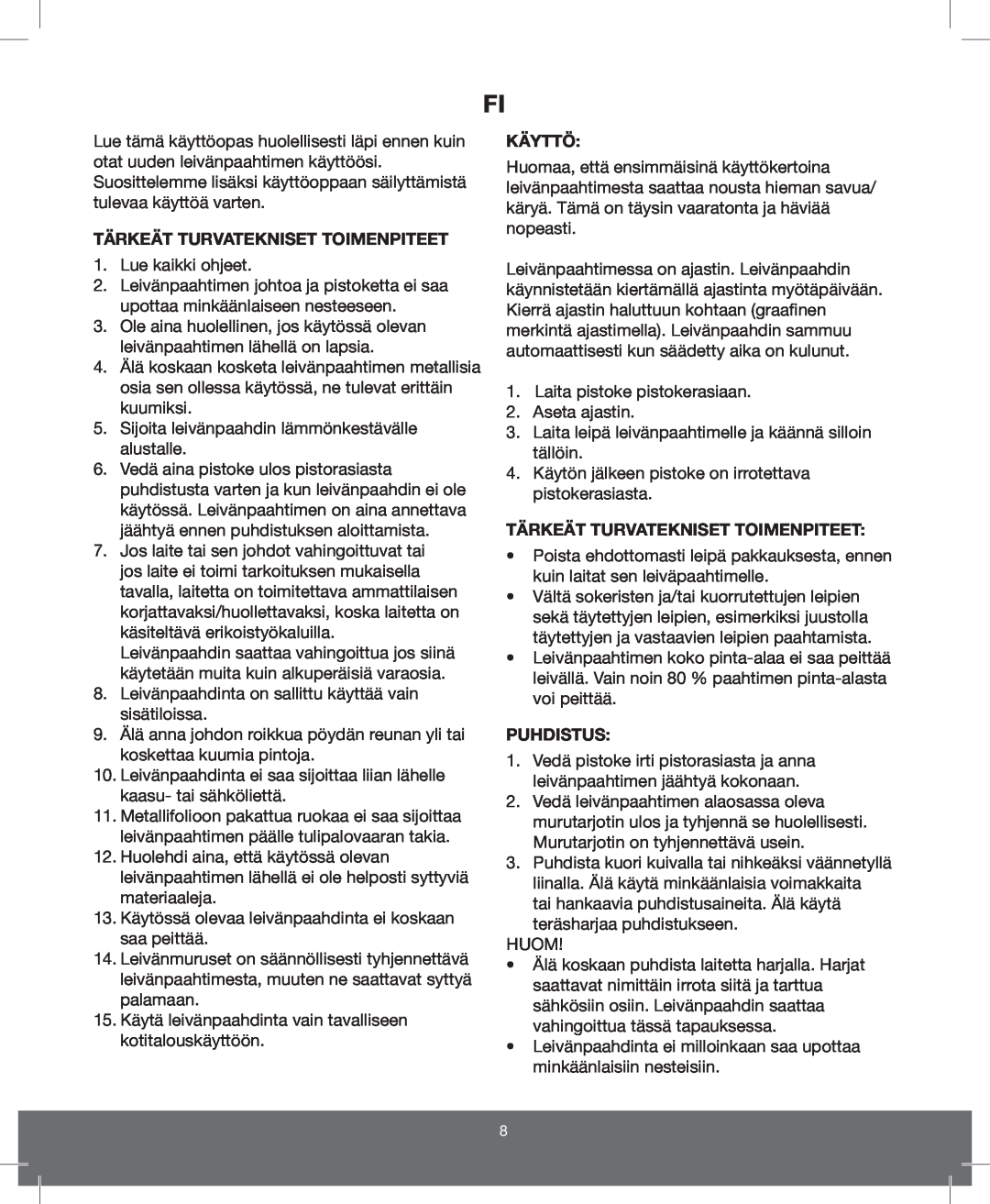Melissa 643-144/157 manual Tärkeät Turvatekniset Toimenpiteet, Käyttö, Puhdistus 