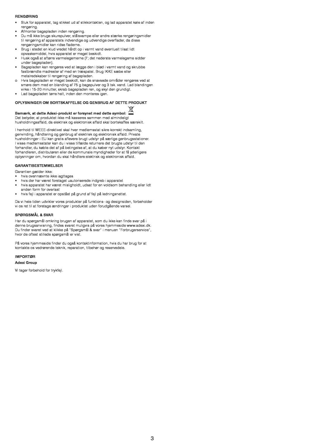 Melissa 643-192 manual Rengøring, Garantibestemmelser, Spørgsmål & Svar, IMPORTØR Adexi Group 