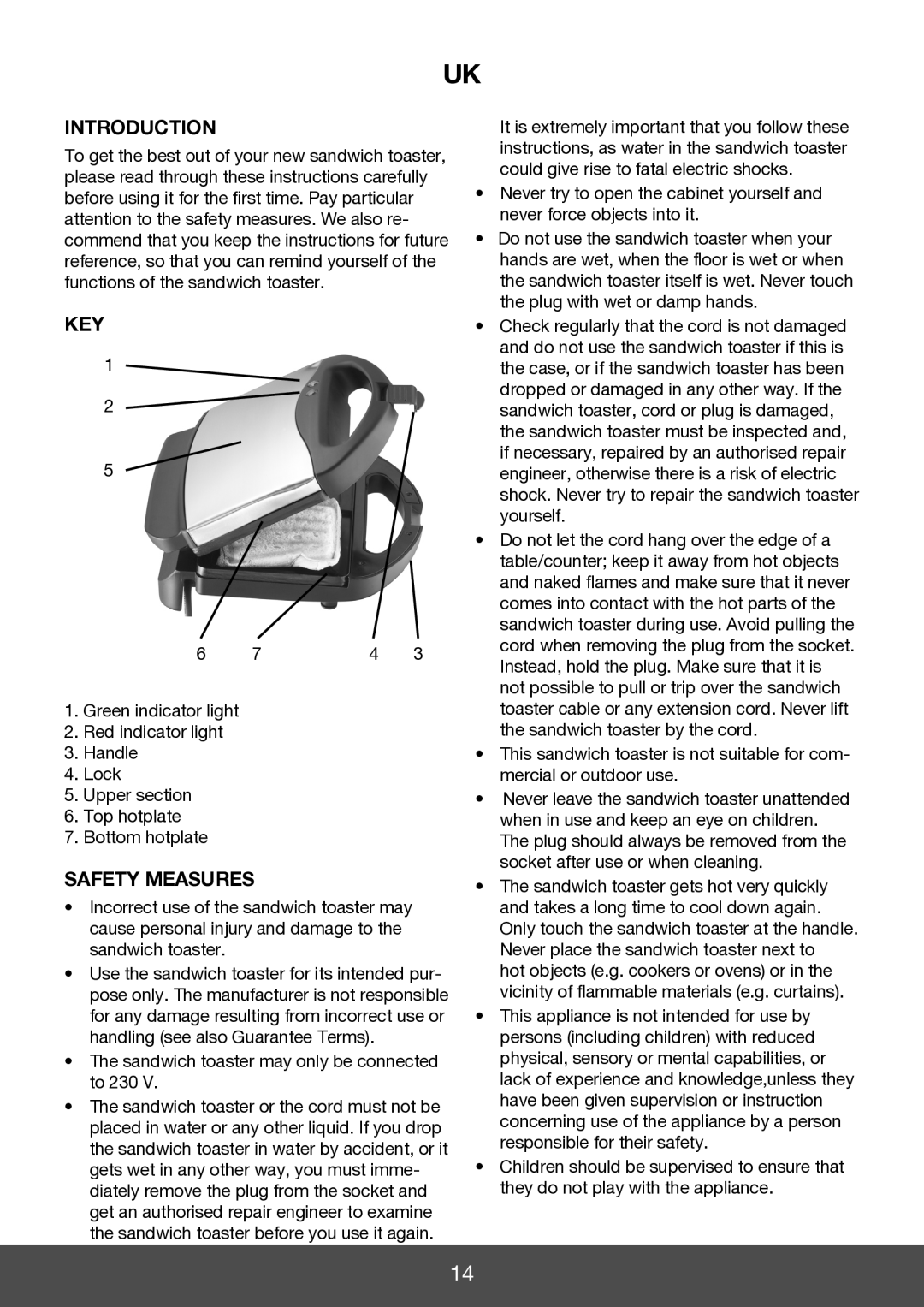 Melissa 643-193 manual Introduction, Key, Safety Measures, Sandwich toaster may only be connected to 230 