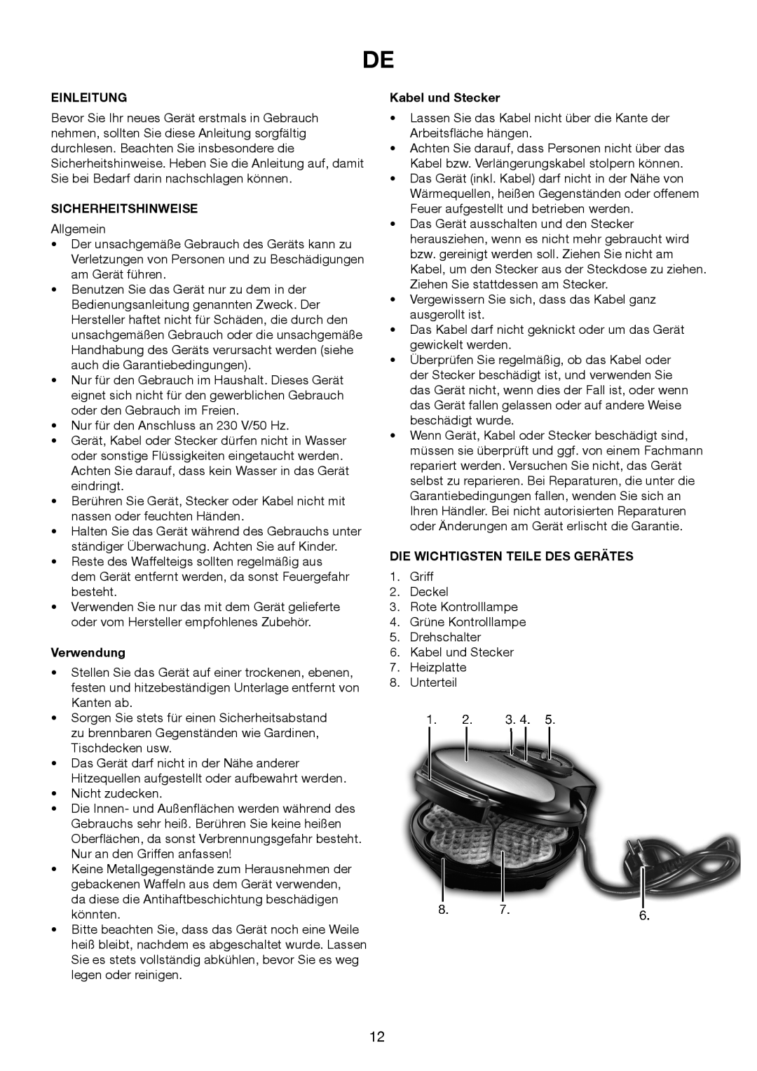 Melissa 643-194 manual Einleitung, Sicherheitshinweise, Verwendung, Kabel und Stecker, Die Wichtigsten Teile Des Gerätes 
