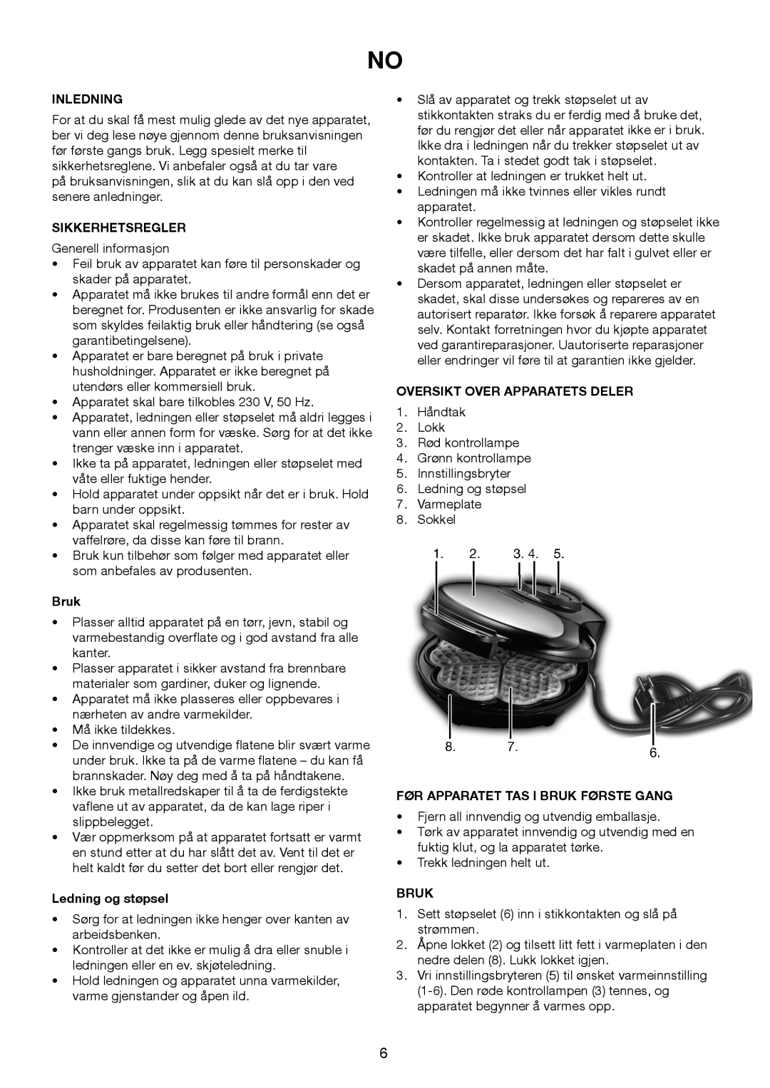 Melissa 643-194 manual Inledning, Sikkerhetsregler, Bruk, Ledning og støpsel, Oversikt Over Apparatets Deler 