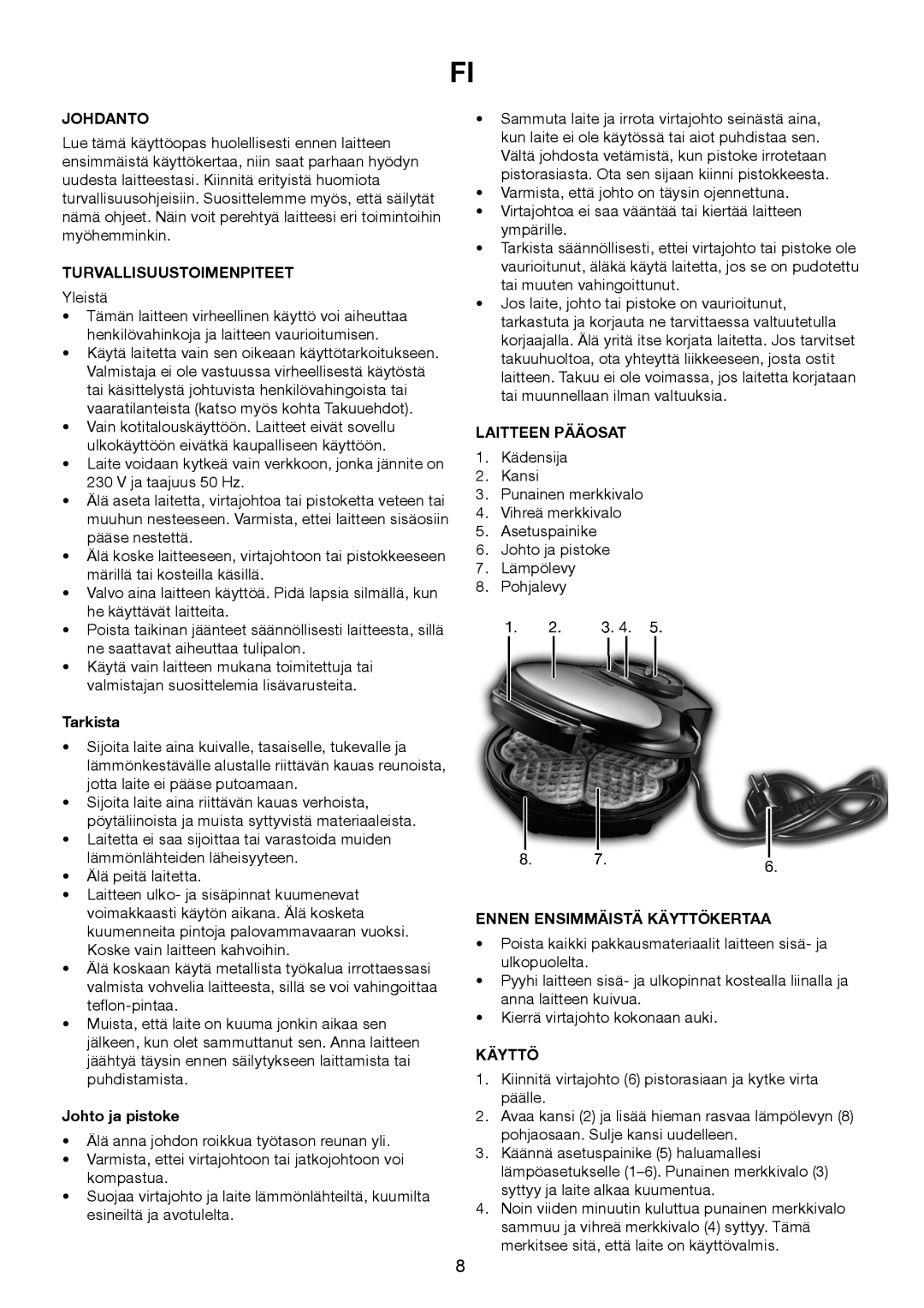 Melissa 643-194 manual Johdanto, Turvallisuustoimenpiteet, Tarkista, Johto ja pistoke, Laitteen Pääosat, Käyttö 