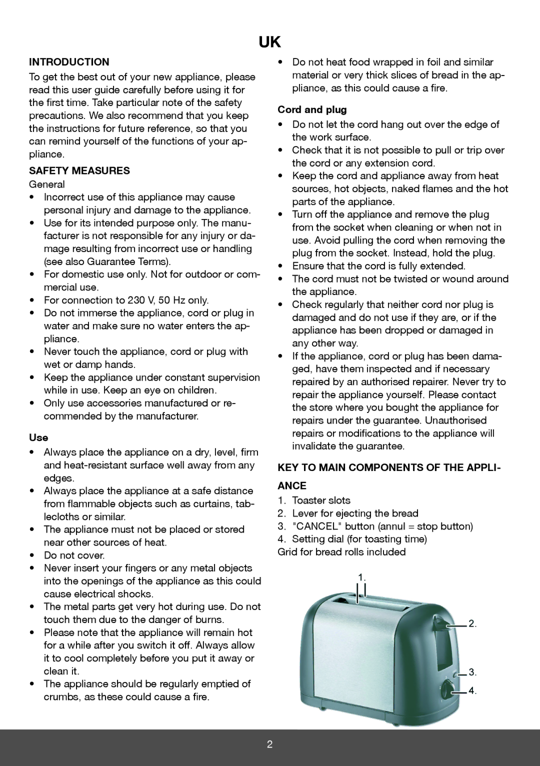 Melissa 643-197 manual Introduction, Safety Measures, Use, Cord and plug, KEY to Main Components of the APPLI- Ance 