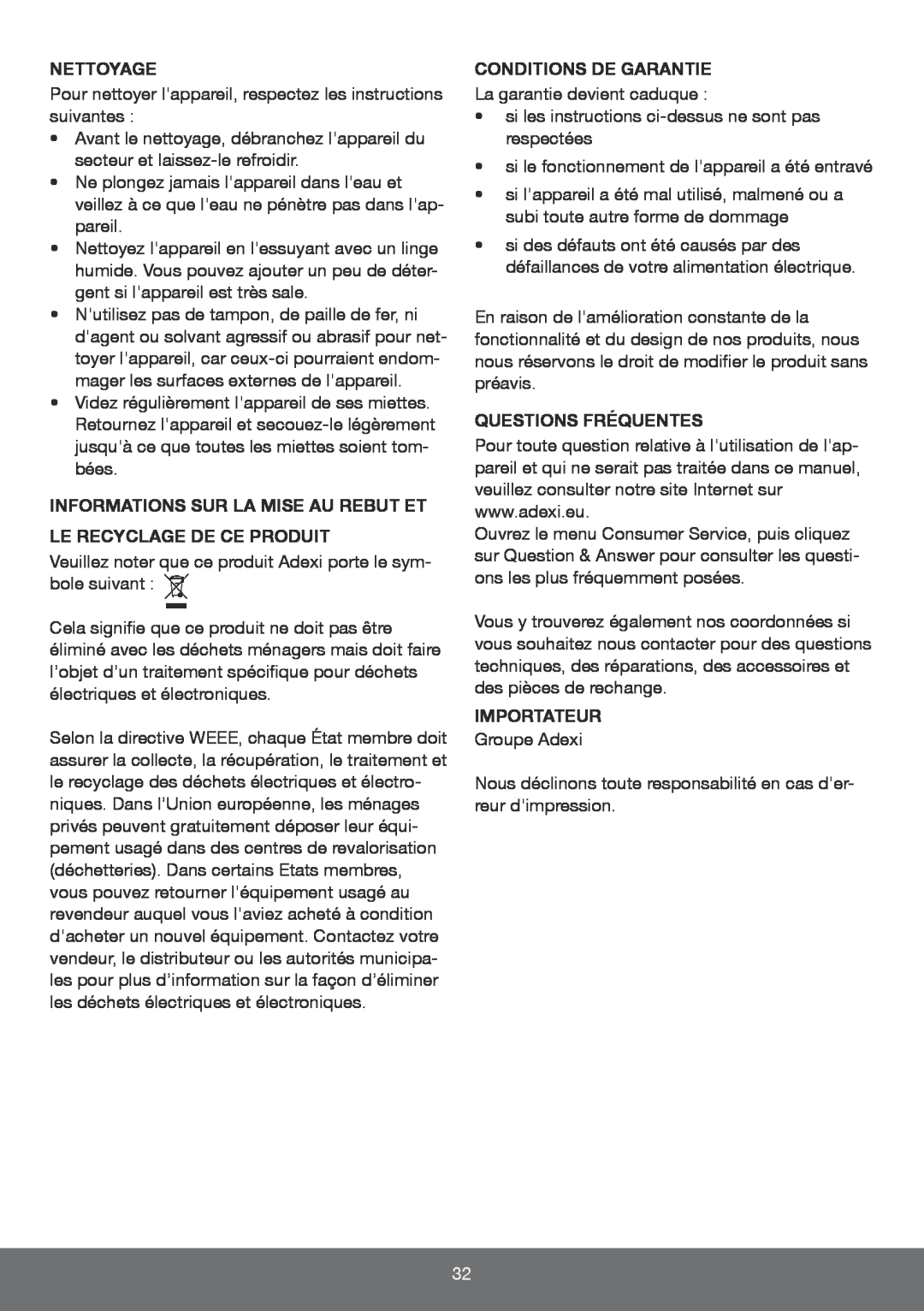 Melissa 643-197 manual Nettoyage, Informations Sur La Mise Au Rebut Et Le Recyclage De Ce Produit, Conditions De Garantie 