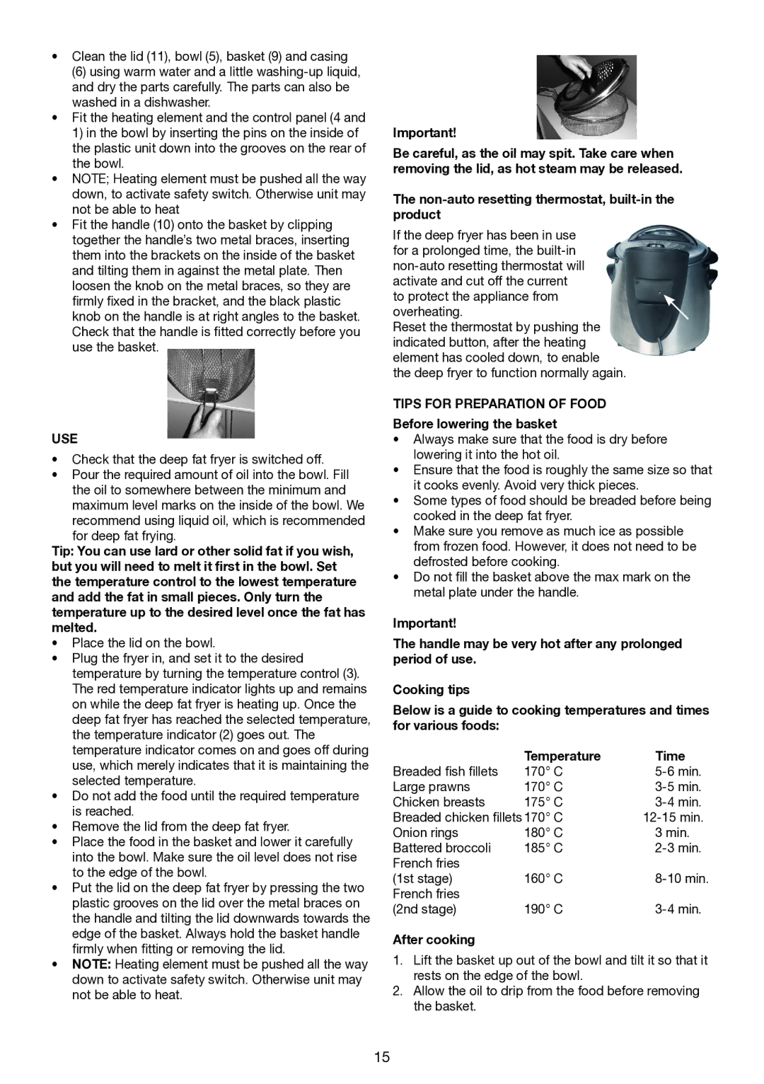 Melissa 643-198 manual Use, Tips for Preparation of Food, Before lowering the basket, After cooking 
