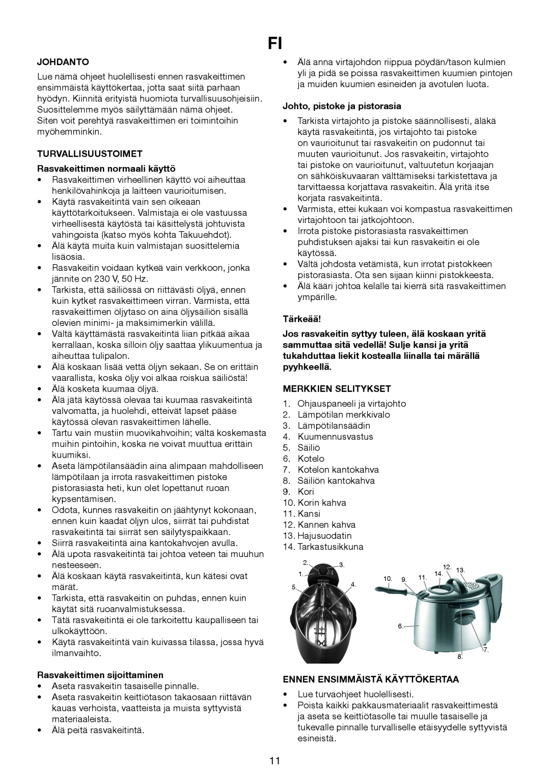 Melissa 643-198 manual Johdanto, TURVALLISUUSTOIMET Rasvakeittimen normaali käyttö, Rasvakeittimen sijoittaminen, Tärkeää 