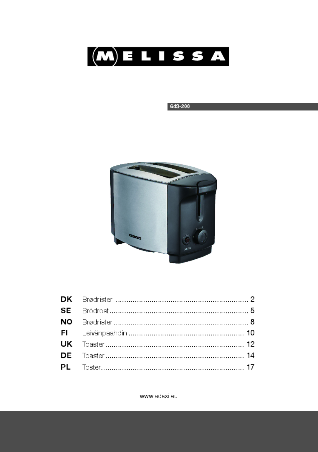 Melissa 643-200 manual Brødrister Brödrost Leivänpaahdin Toaster Toster 