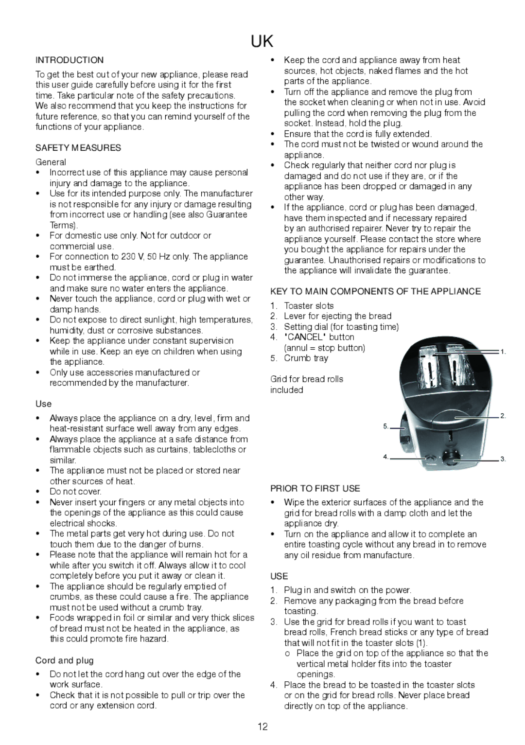 Melissa 643-200 manual Introduction, Safety Measures, KEY to Main Components of the Appliance, Prior to First USE, Use 