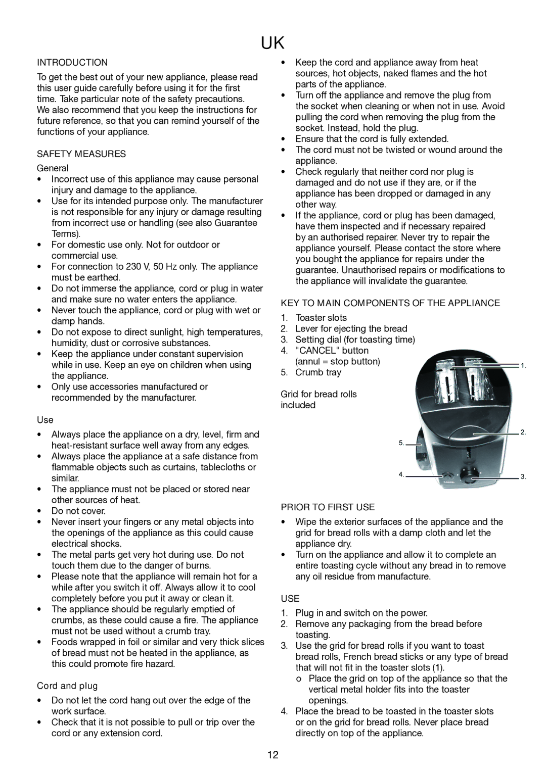 Melissa 643-201 manual Introduction, Safety Measures, KEY to Main Components of the Appliance, Prior to First USE, Use 