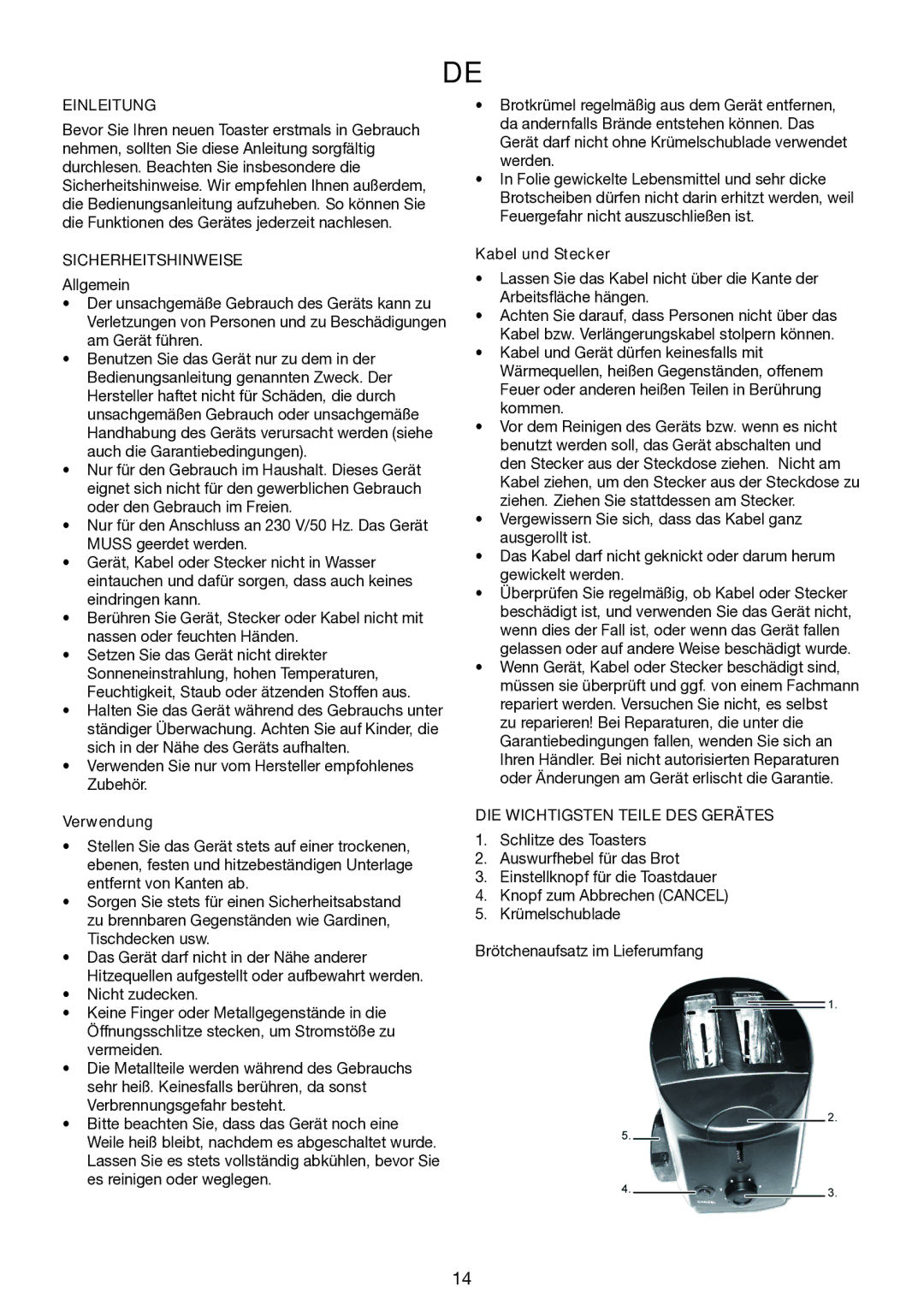 Melissa 643-201 manual Einleitung, Sicherheitshinweise, Verwendung, Kabel und Stecker, DIE Wichtigsten Teile DES Gerätes 