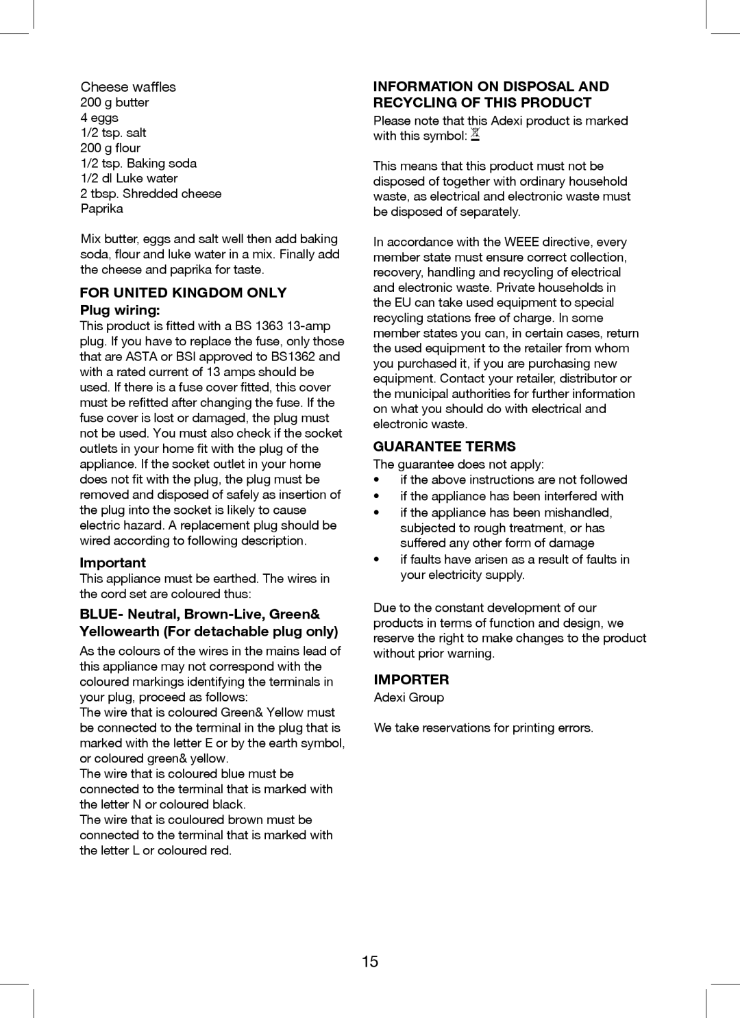Melissa 643-215 Cheese waffles, For United Kingdom only Plug wiring, Information on Disposal and Recycling of this Product 