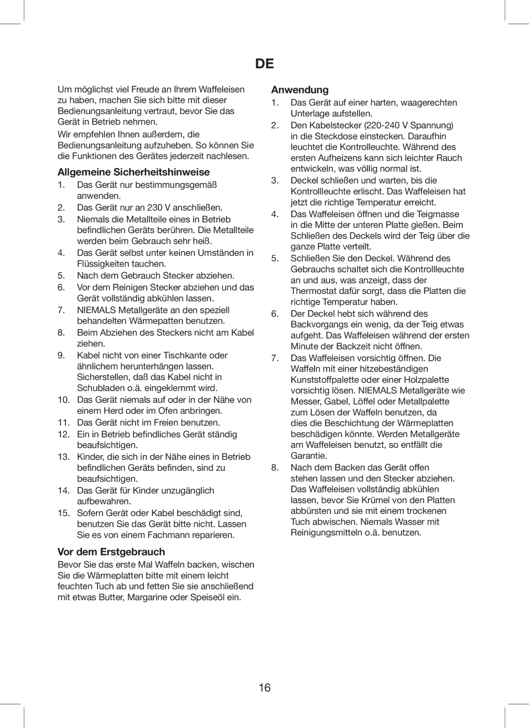 Melissa 643-215 manual Allgemeine Sicherheitshinweise, Vor dem Erstgebrauch, Anwendung 