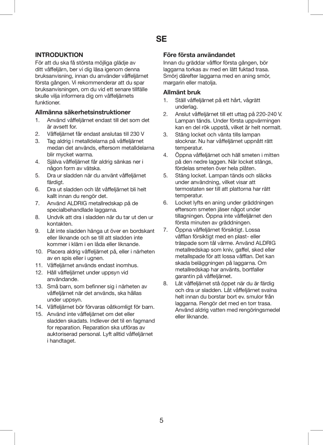 Melissa 643-215 manual Allmänna säkerhetsinstruktioner, Före första användandet, Allmänt bruk 