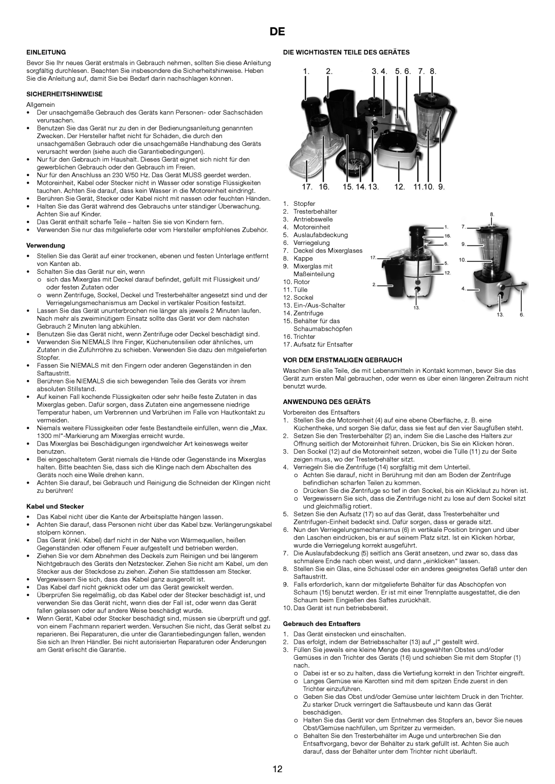 Melissa 644-007 manual Einleitung, Sicherheitshinweise, DIE Wichtigsten Teile DES Gerätes, VOR DEM Erstmaligen Gebrauch 