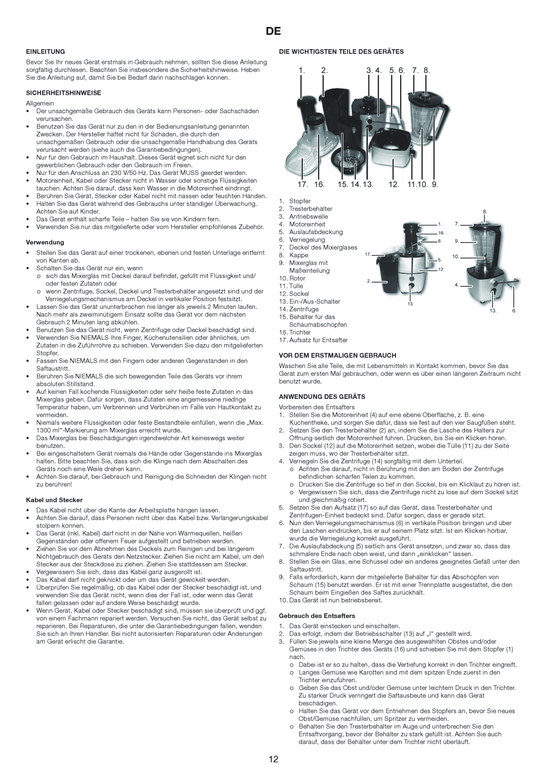 Melissa 644-007 manual Einleitung, Sicherheitshinweise, Verwendung, Kabel und Stecker, Die Wichtigsten Teile Des Gerätes 