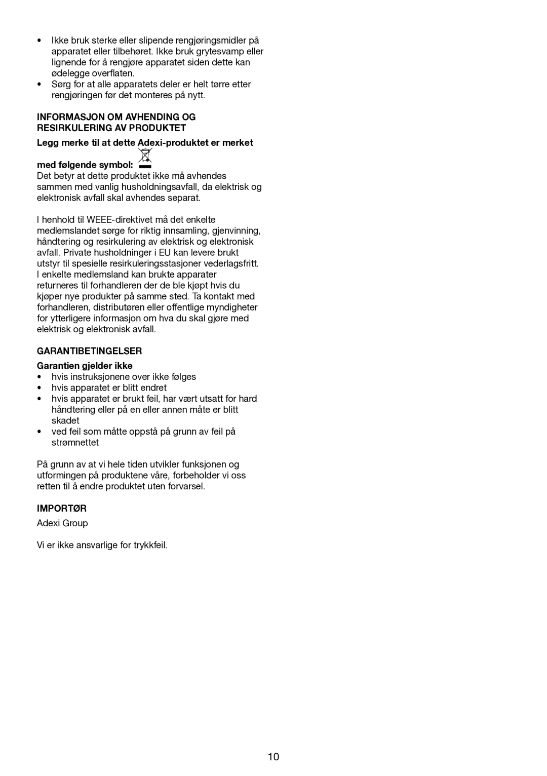 Melissa 644-012 manual Informasjon OM Avhending OG Resirkulering AV Produktet, Garantibetingelser, Garantien gjelder ikke 