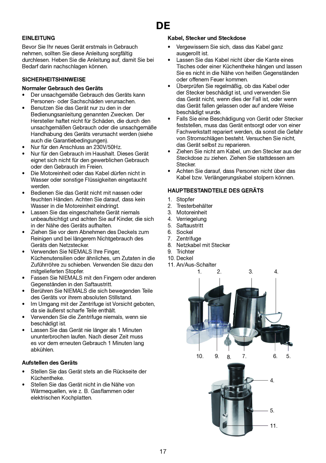 Melissa 644-013, 644-012, 144-002, 644-017, 644-009 manual Einleitung, Sicherheitshinweise, Hauptbestandteile DES Geräts 